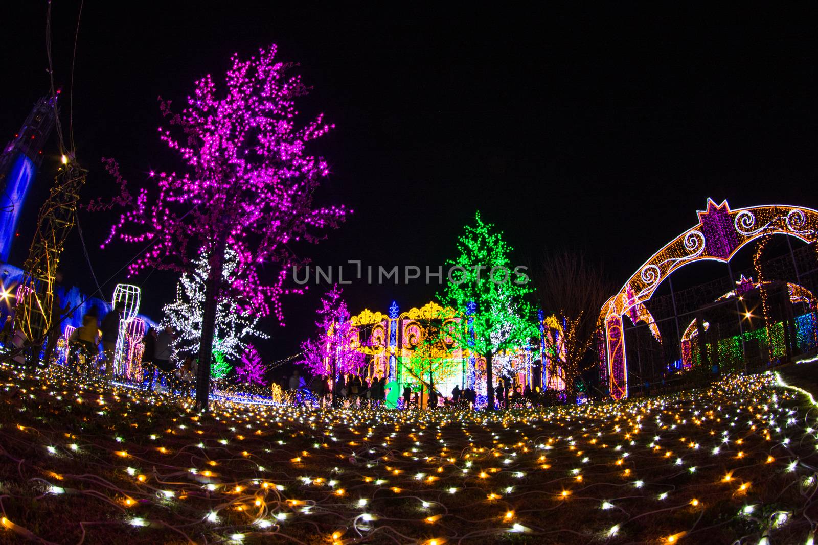 NAGASAKI, JAPAN - April 29, 2019 : Huis Ten Bosch is a theme park in Nagasaki, Japan, which displays old Dutch buildings and colorful lights show at night.