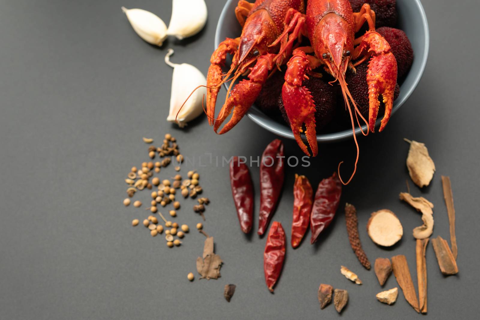 Crayfish red, Baby Lobster with herb for stir fry on black background