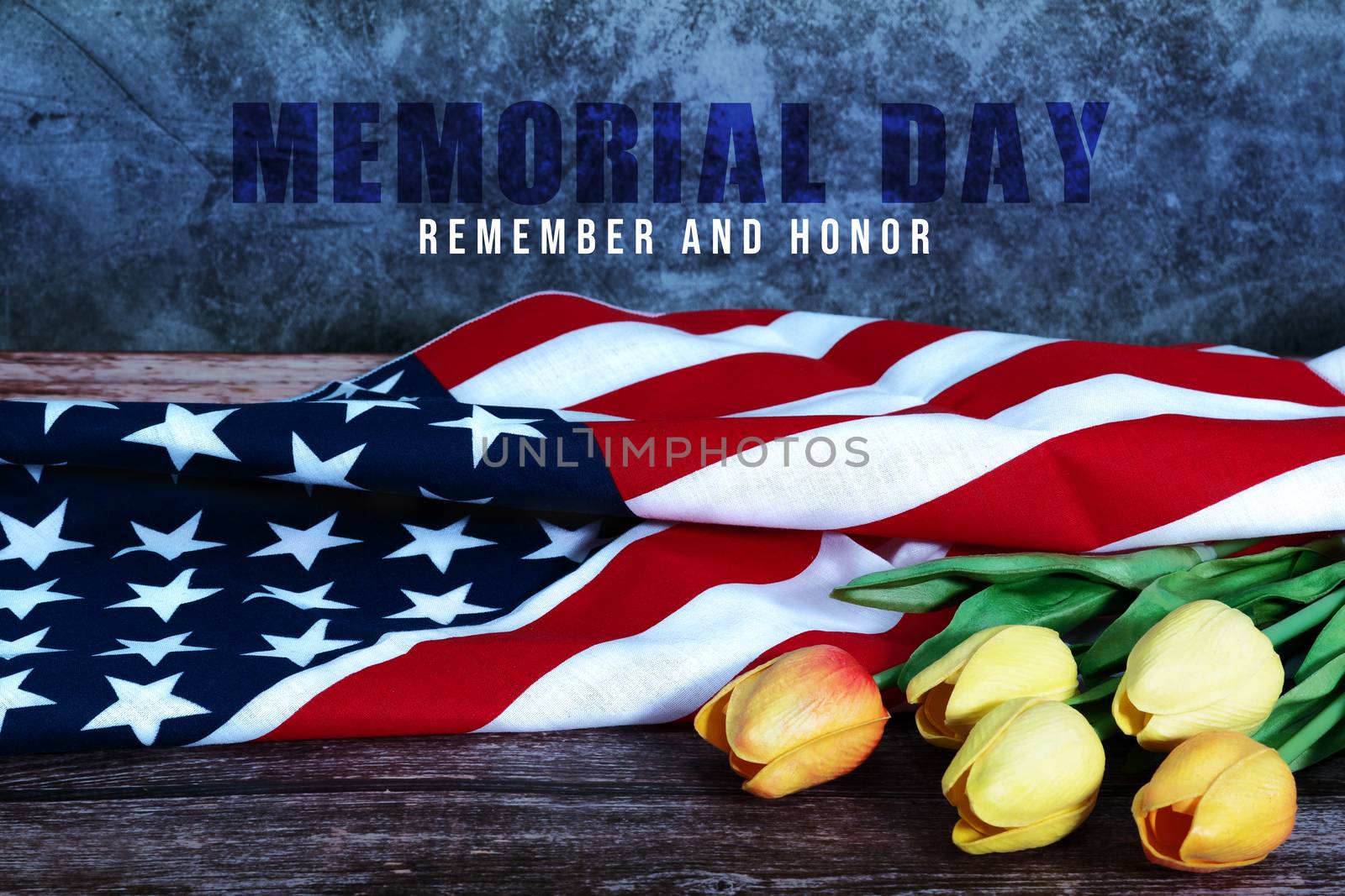 Memorial Day with American flag and flower on wooden background