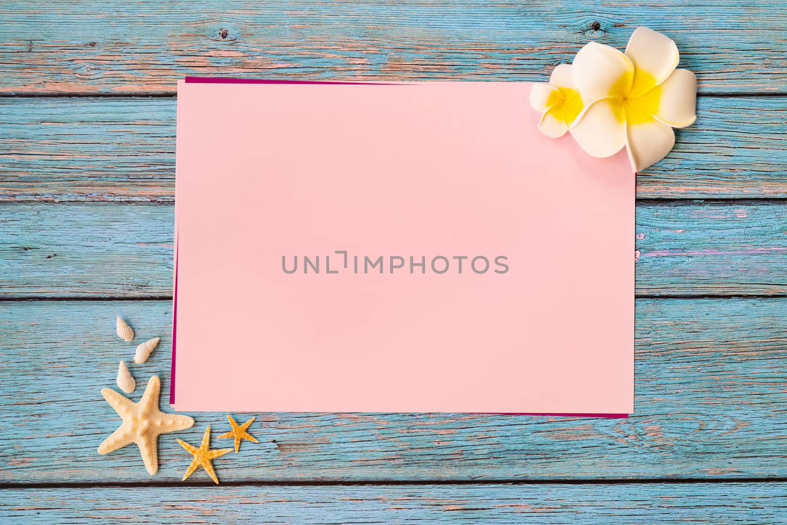 Beautiful summer holiday, Beach accessories, seashells and flower on paper for copy space