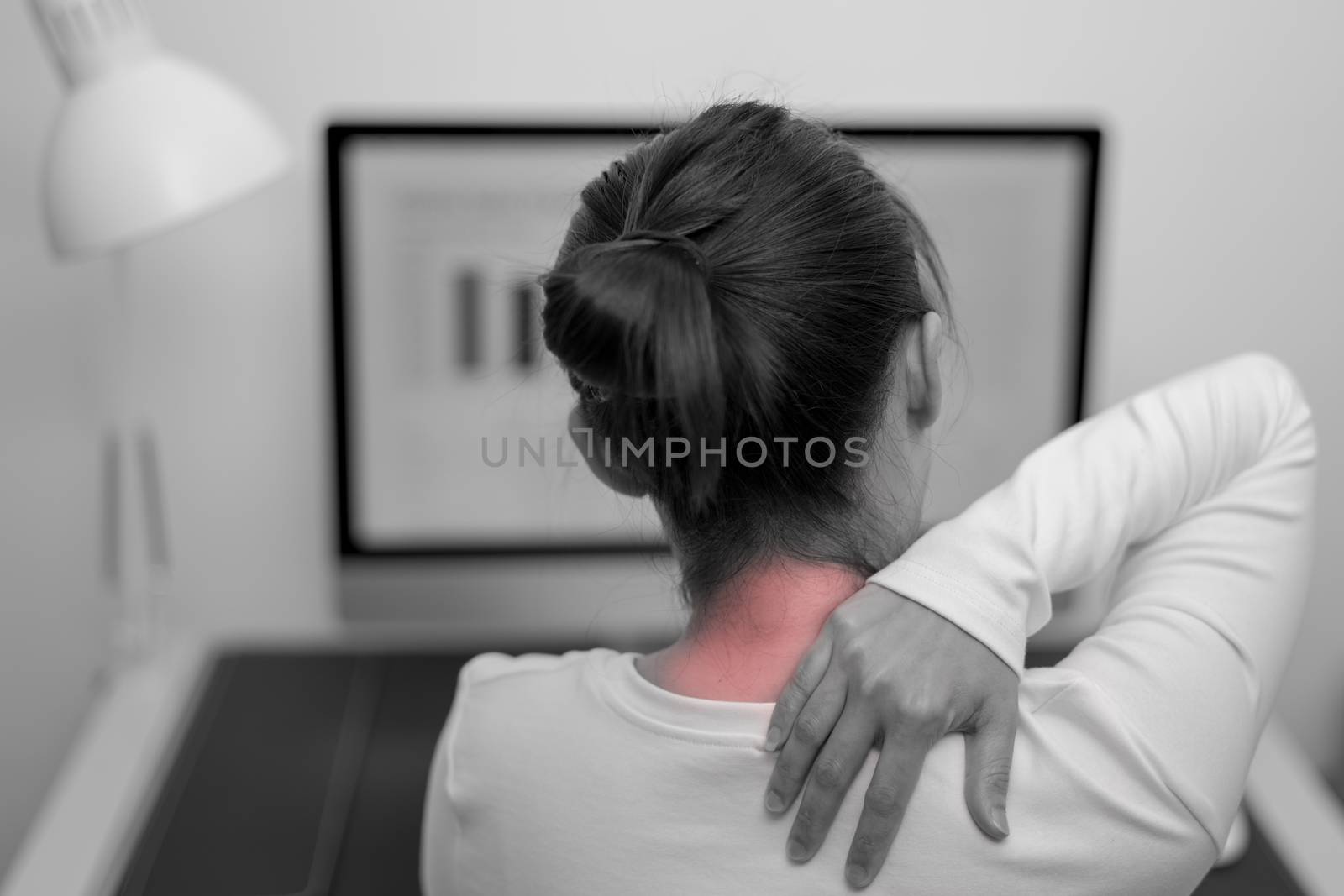 young women neck and shoulder pain injury with red highlights on pain area, healthcare and medical concept