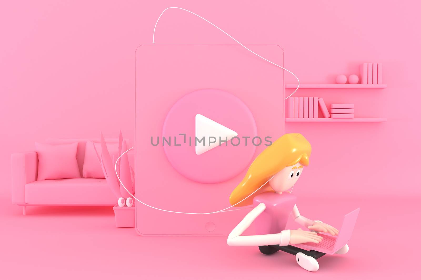 A woman listening to music while working at home using a notebook computer.  3d illustrator. by put3d