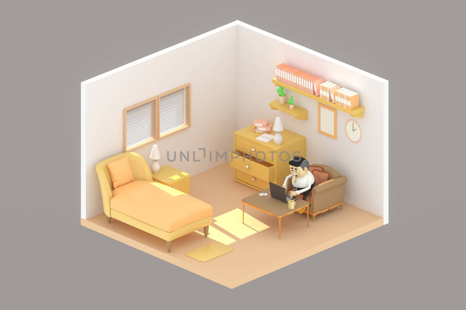 A man uses a notebook computer to work at his home..  3d illustrator.