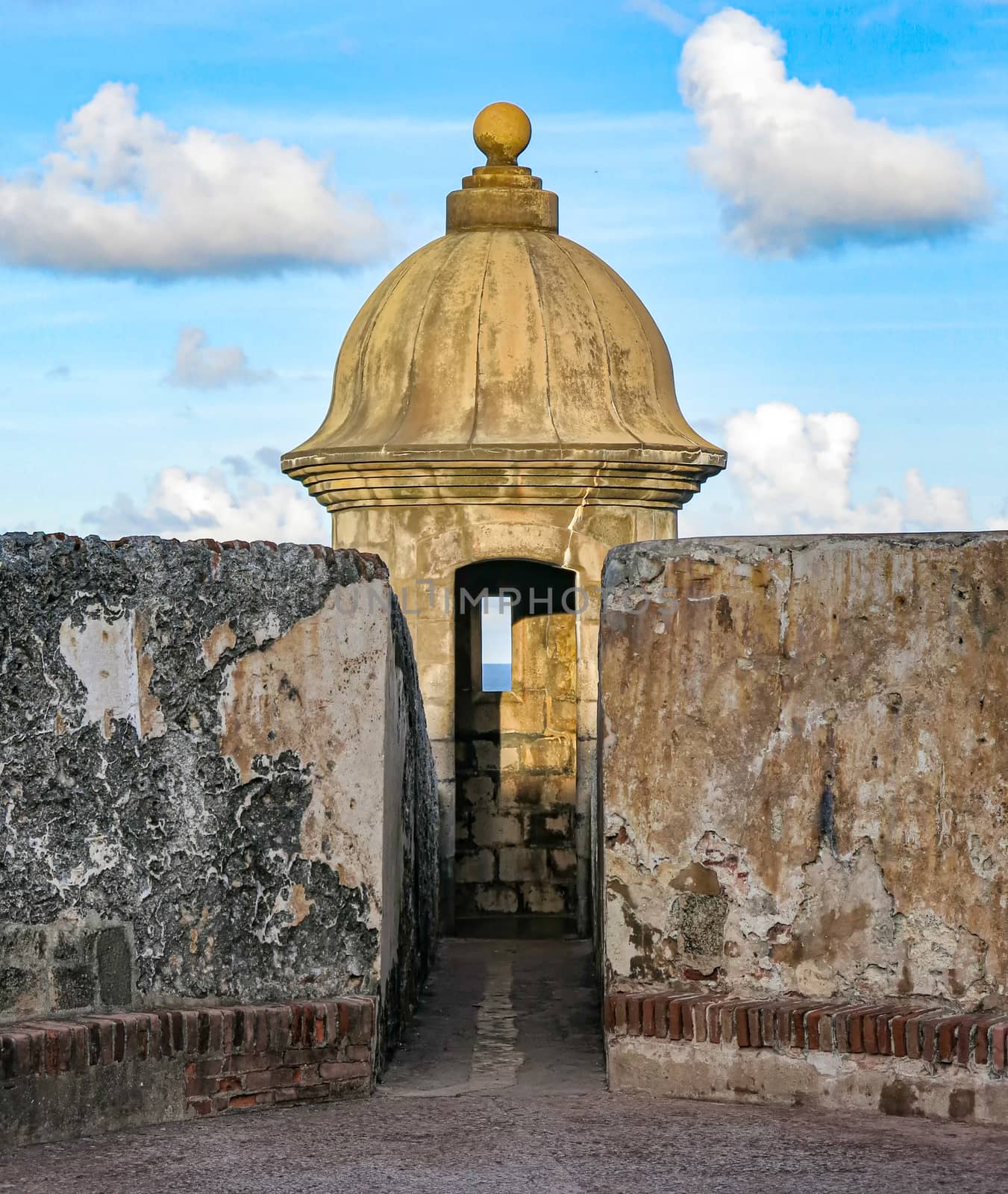 An afternoon closeup view of one of the watch towers inside the Castillo San Felipe del Morro in Old San Juan.