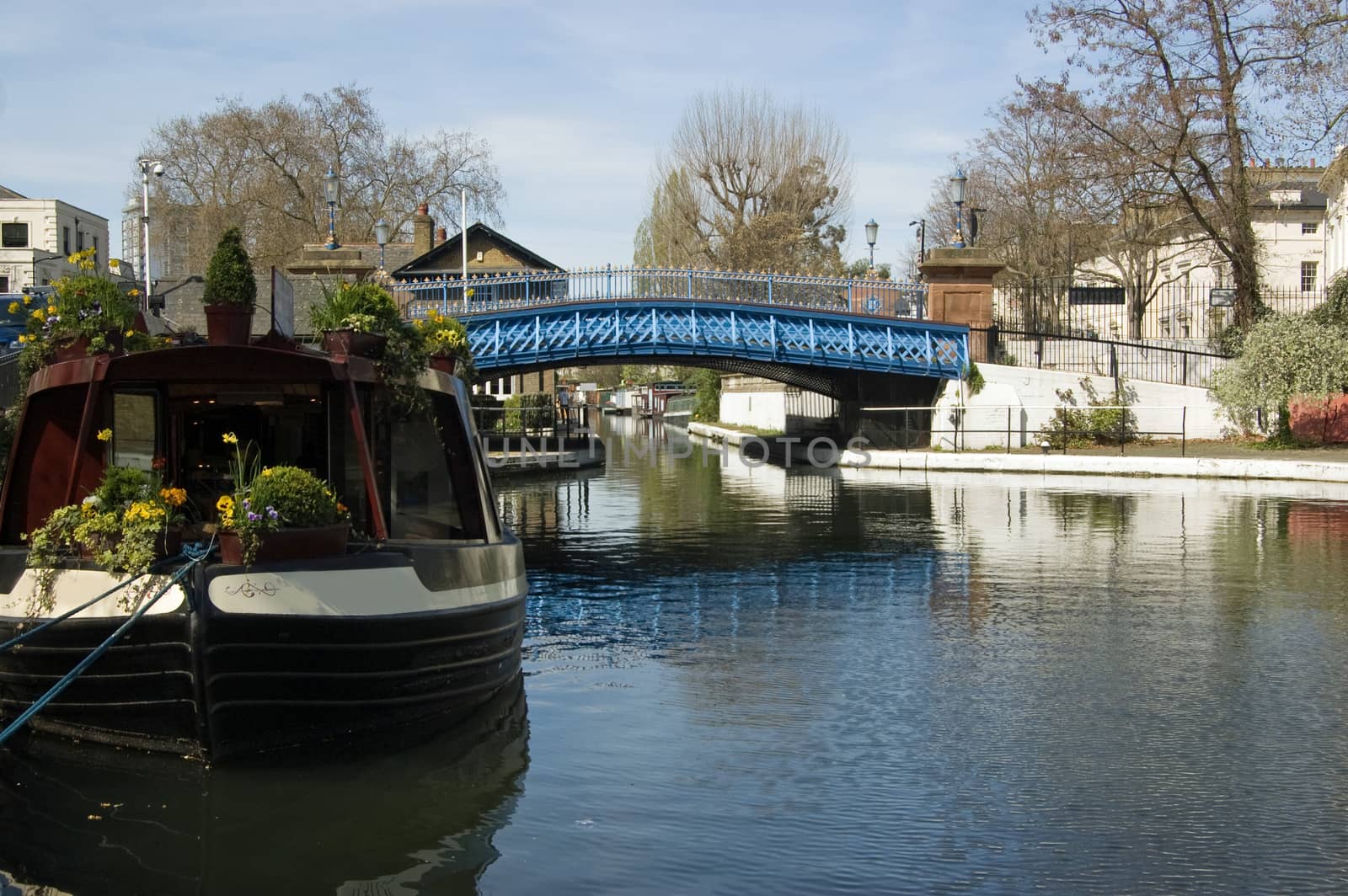 One of the road viaducts over the canals at Little Venice in Paddington, West London. The picturesque area is where the Regent's and Grand Union Canals meet.