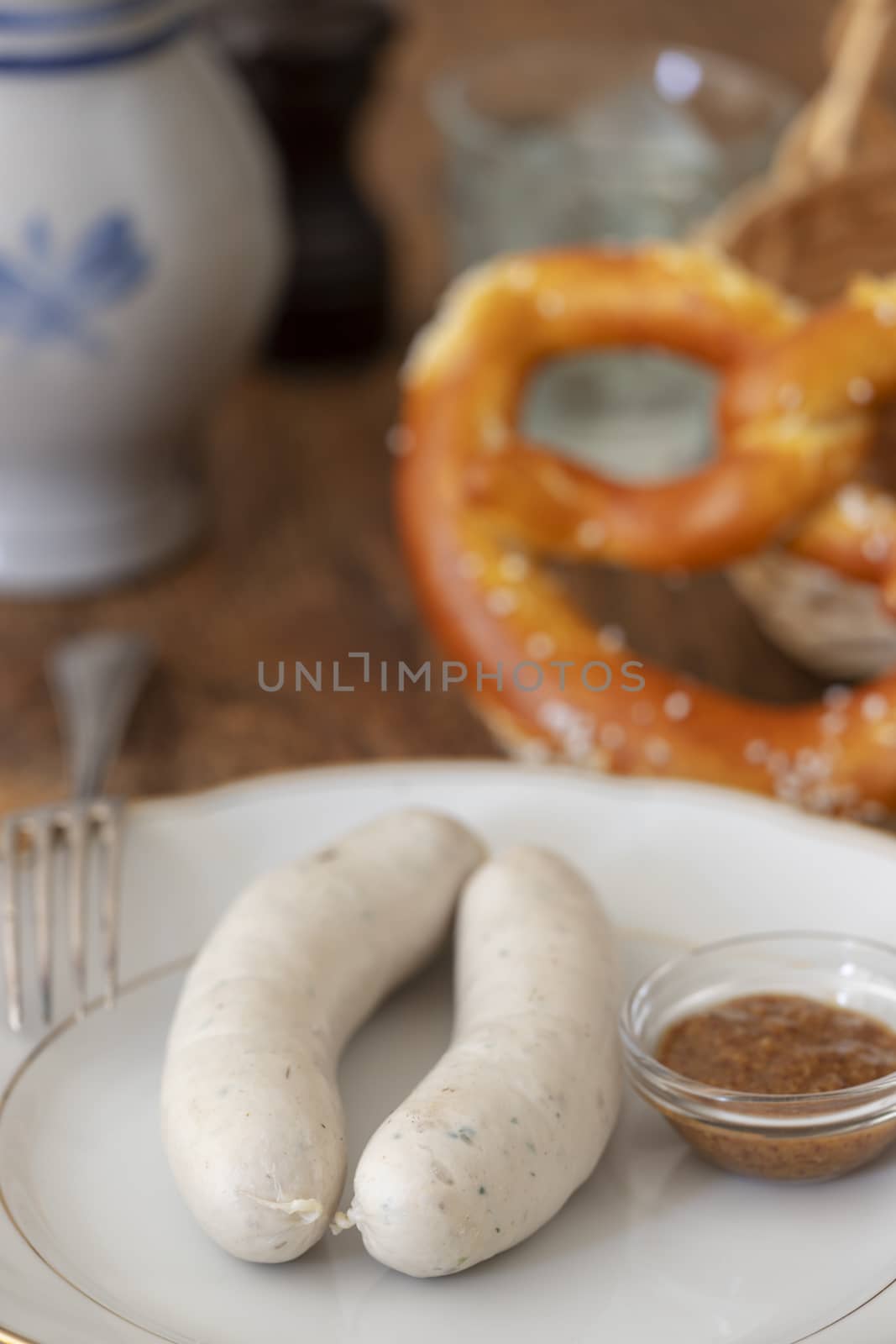 overview of two bavarian white sausages