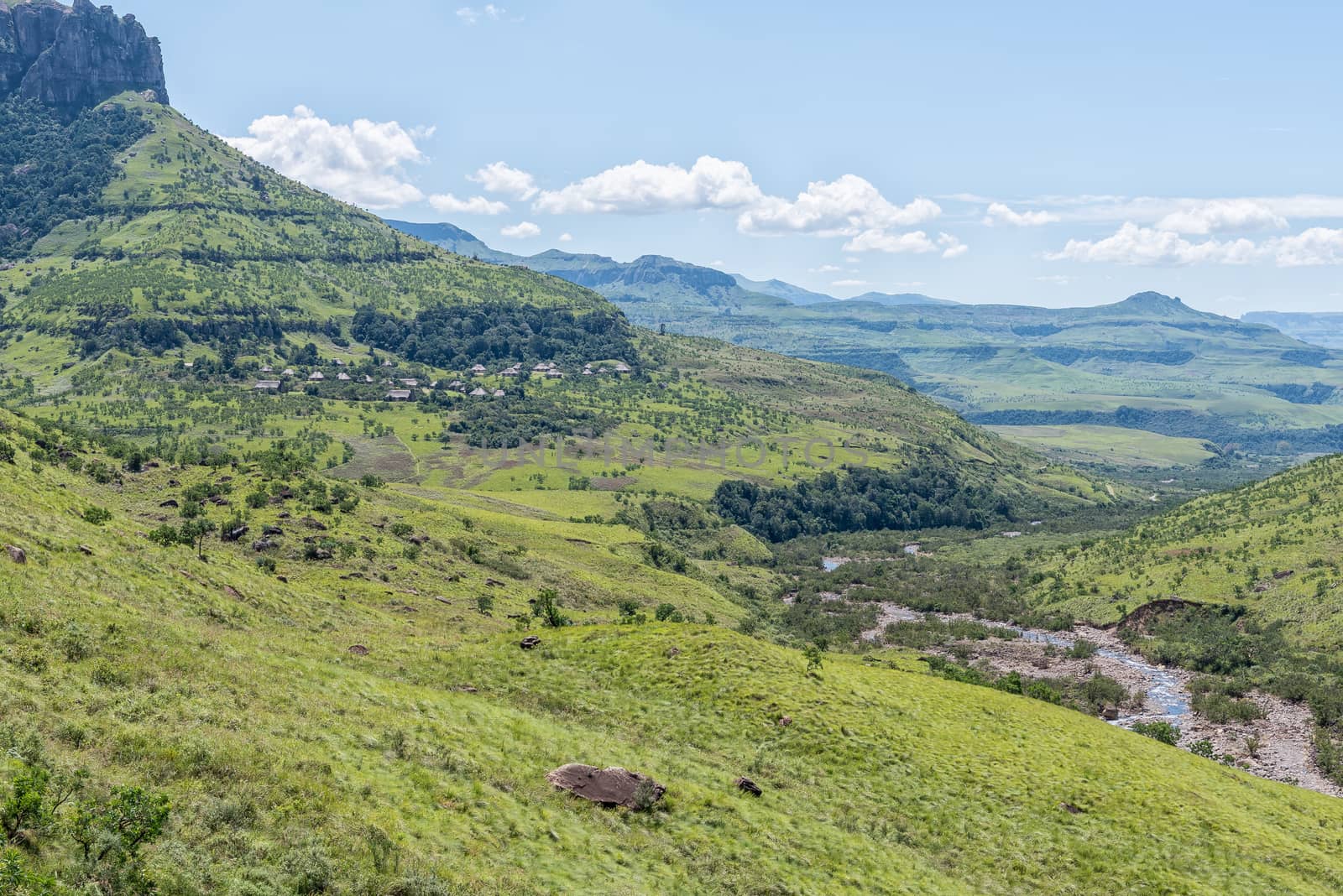 View to the North from the hiking trail to the Tugela Gorge and Tunnel in the Drakensberg. Thendele Camp and the Tugela River are visible