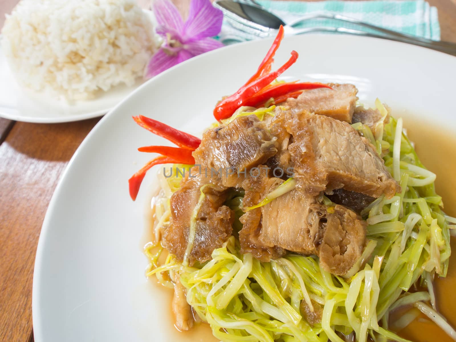 Crispy Pork with Garlic chives , thai food