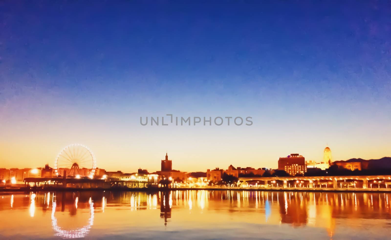 View of the Port of Malaga, the capital city of Andalucia region in Spain at sunset by Anneleven