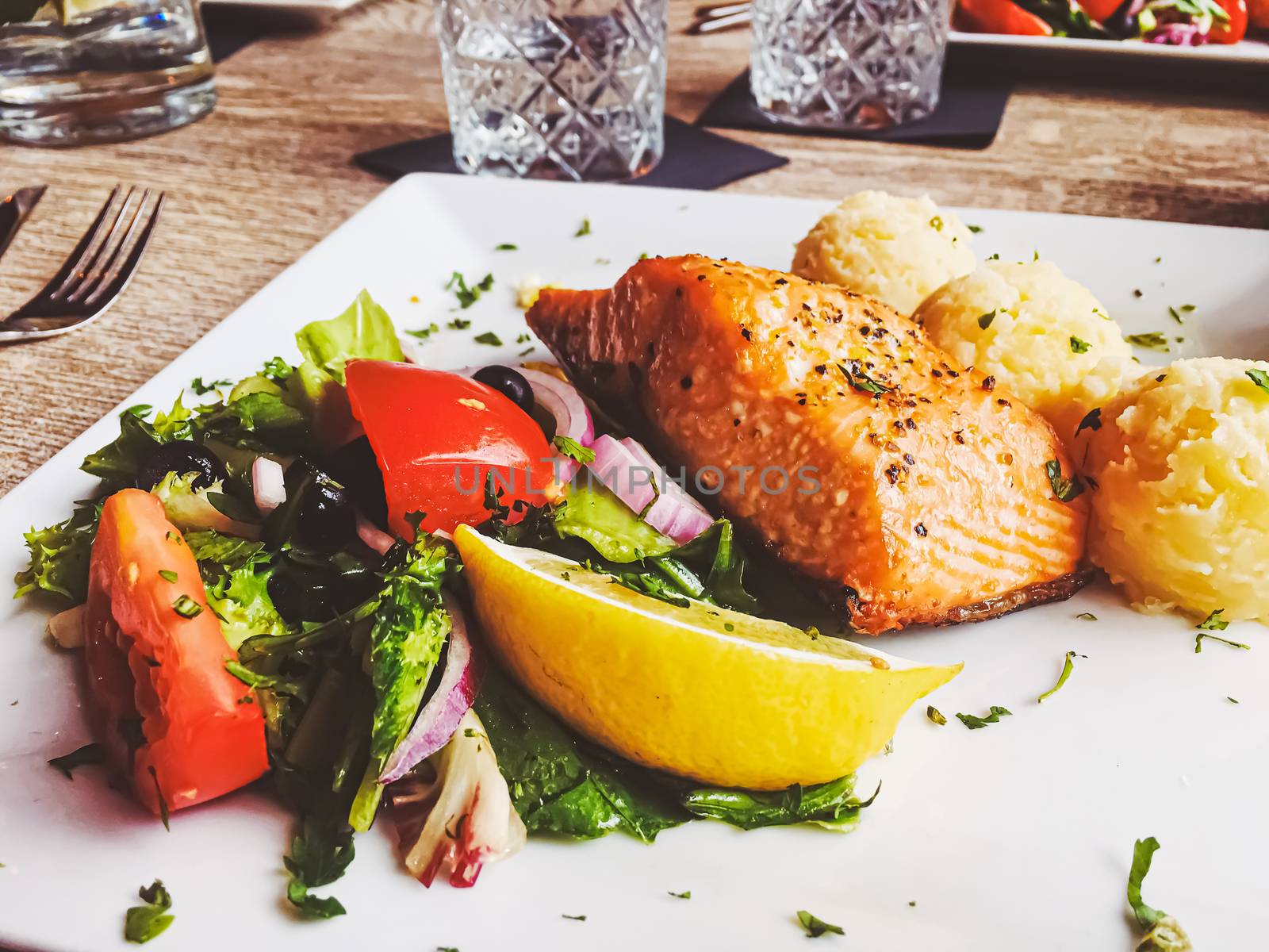 Grilled salmon, mashed potatoes and salad for lunch by Anneleven