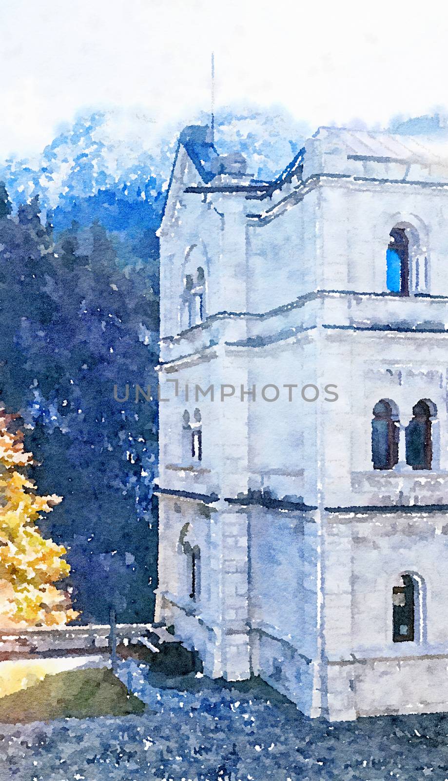 Watercolour Art Print, Castle in Alpine Mountains as Vintage Home Decor