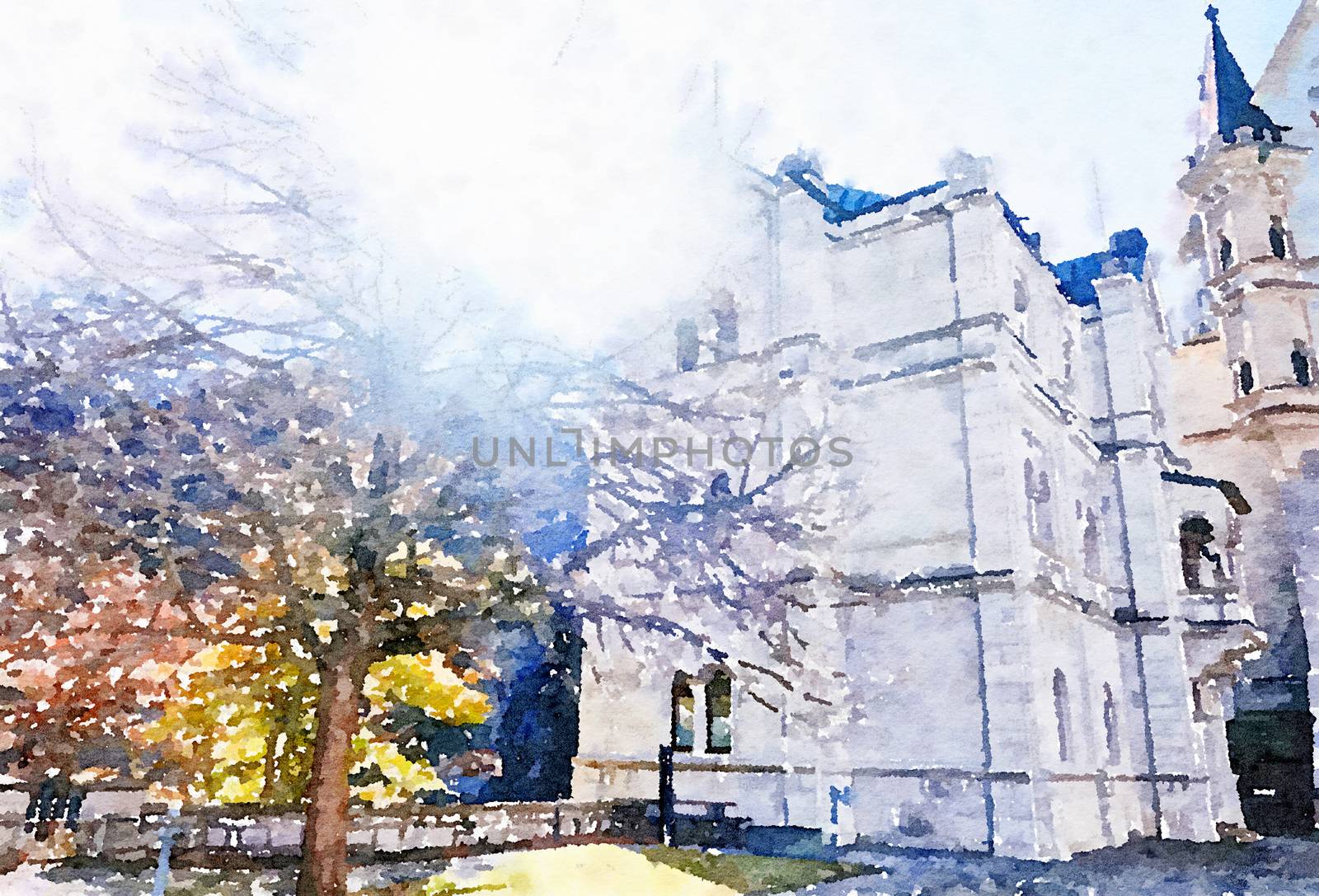 Watercolour Art Print, Castle in Alpine Mountains by Anneleven