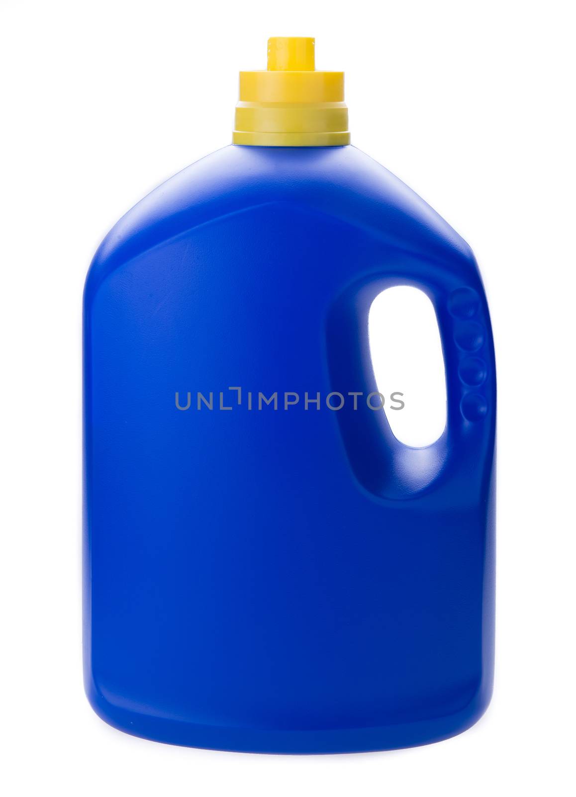 Blue Plastic bottle with detergent.