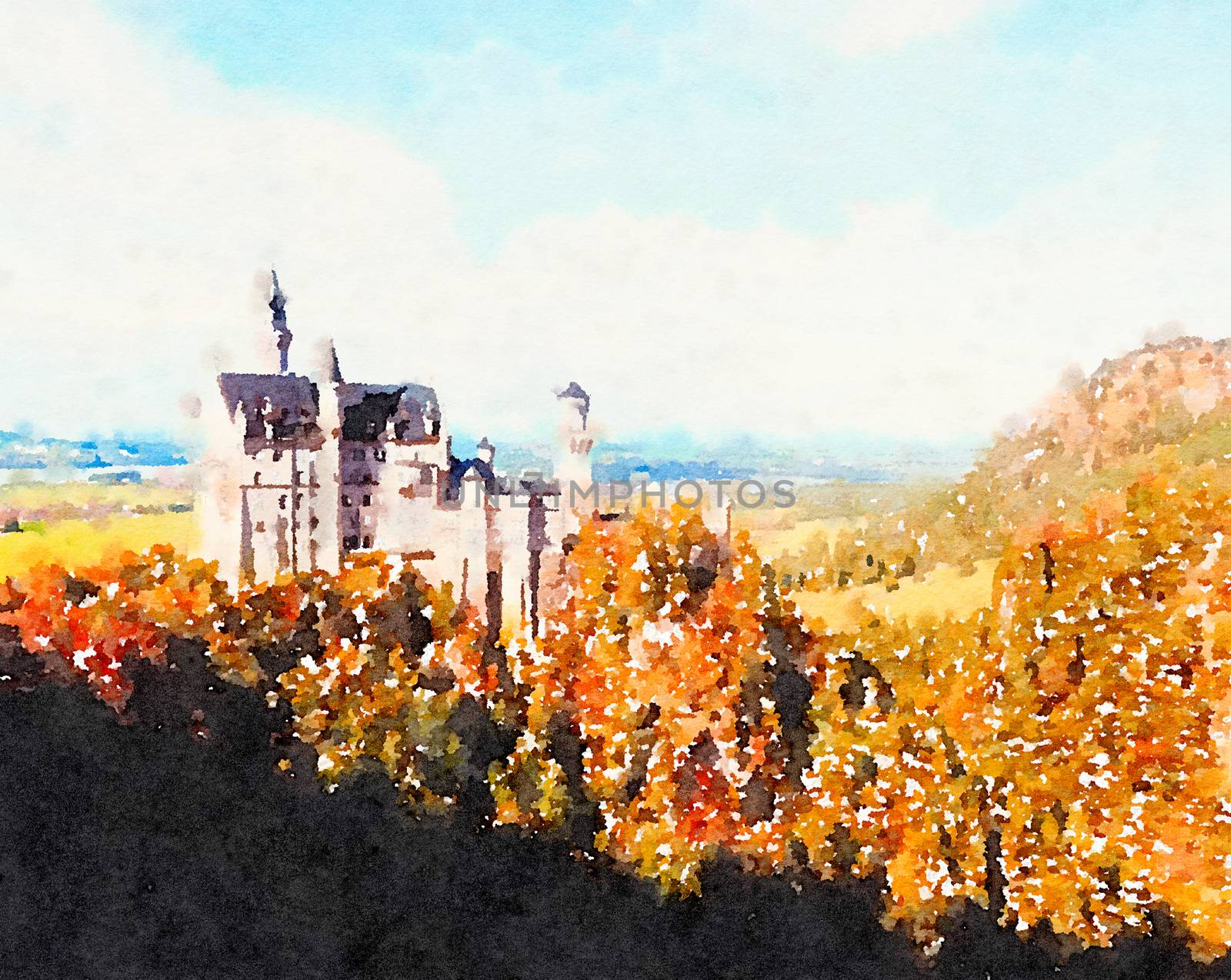 Watercolour Art Print, Castle in Alpine Mountains by Anneleven