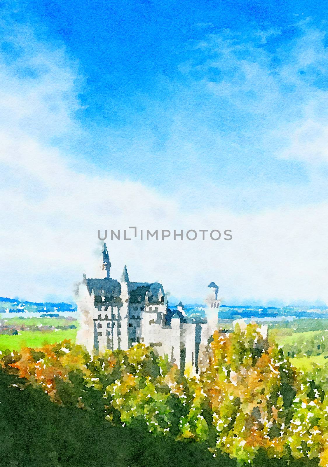 Watercolour Art Print, Castle in Alpine Mountains by Anneleven