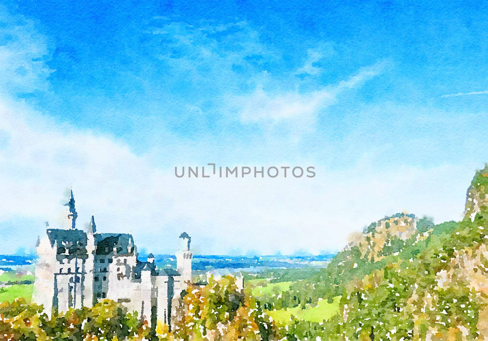 Watercolour Art Print, Castle in Alpine Mountains as Vintage Home Decor