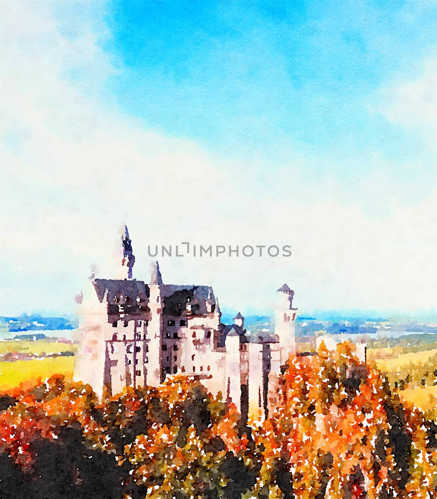 Watercolour Art Print, Castle in Alpine Mountains as Vintage Home Decor