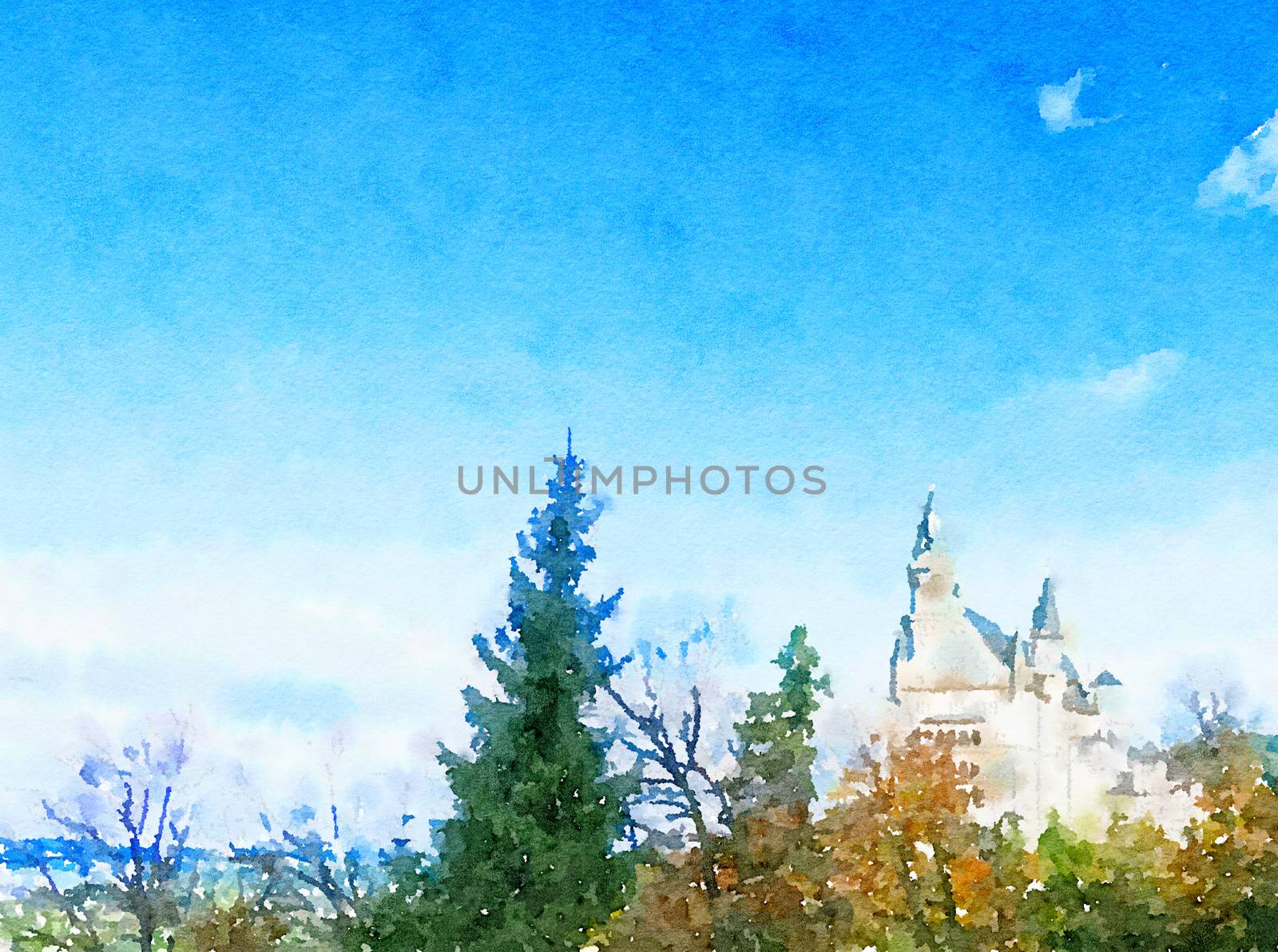 Watercolour Art Print, Castle in Alpine Mountains by Anneleven