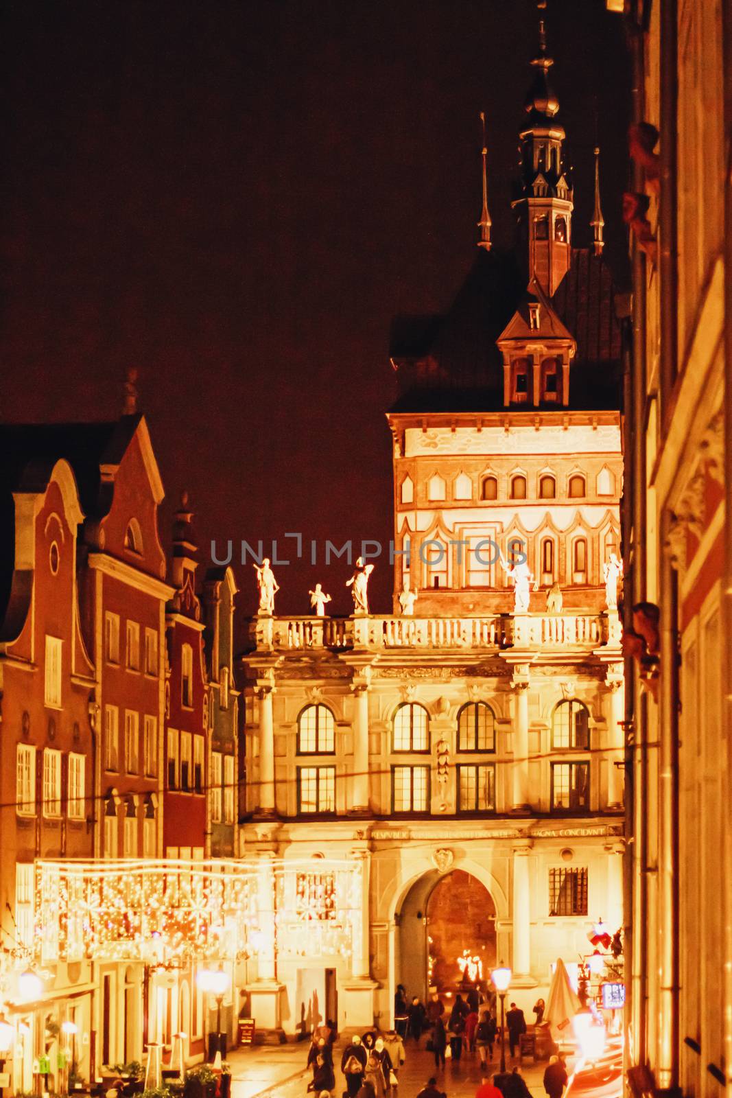 Street in the Old Town in Gdansk, Poland at night, architecture and travel