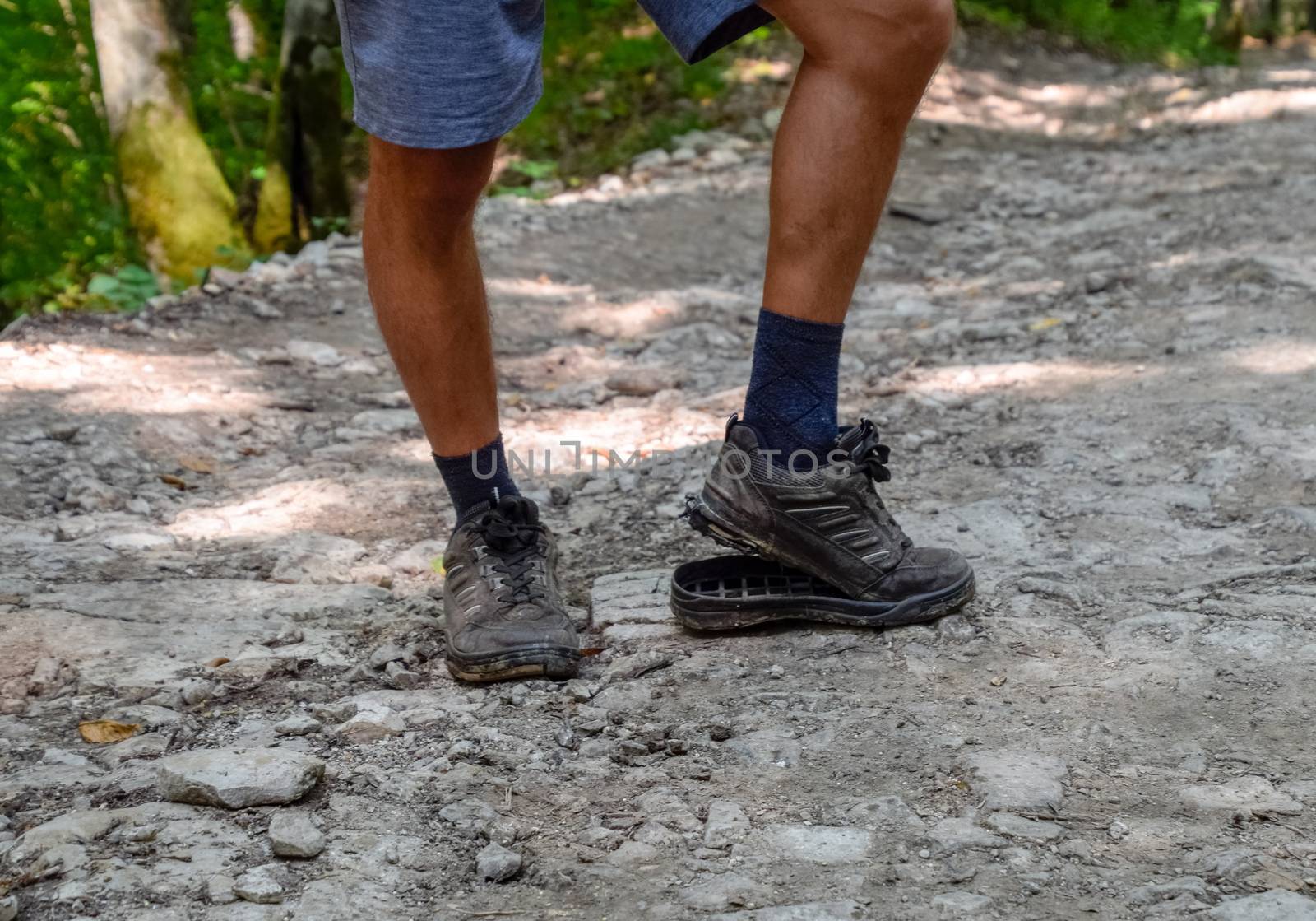 The detached sole on the tourist's sneakers. They broke their boots in the woods.