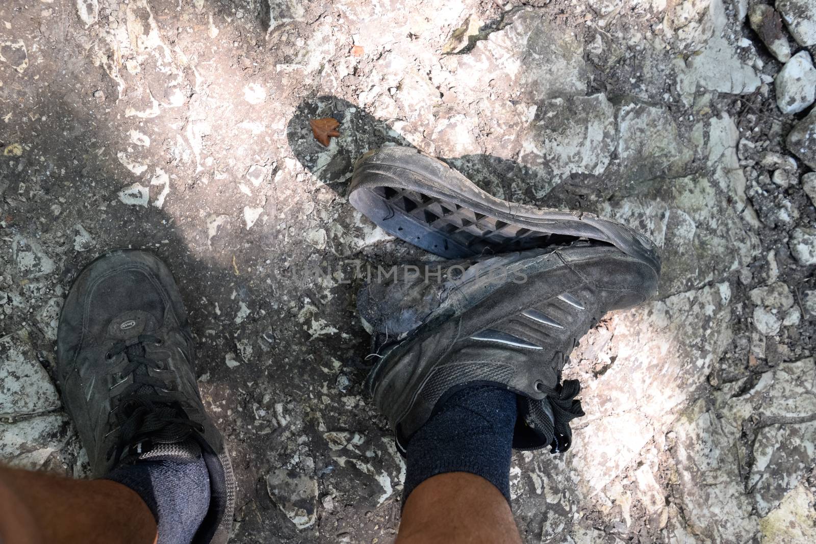 The detached sole on the tourist's sneakers. They broke their boots in the woods.