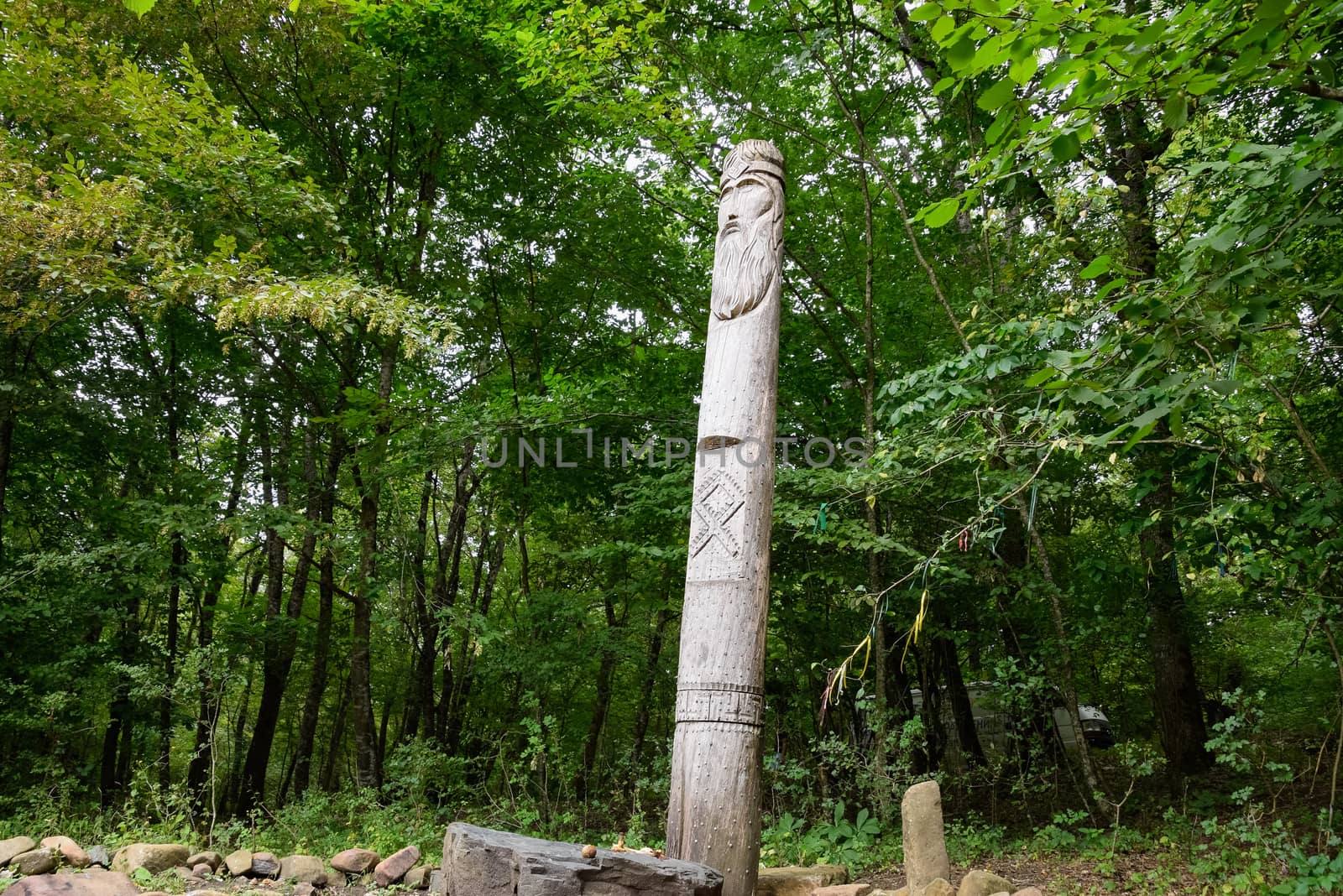 The temple of Dagboga, a pagan idol in the mountain forest of Shapsugi. Dazbog