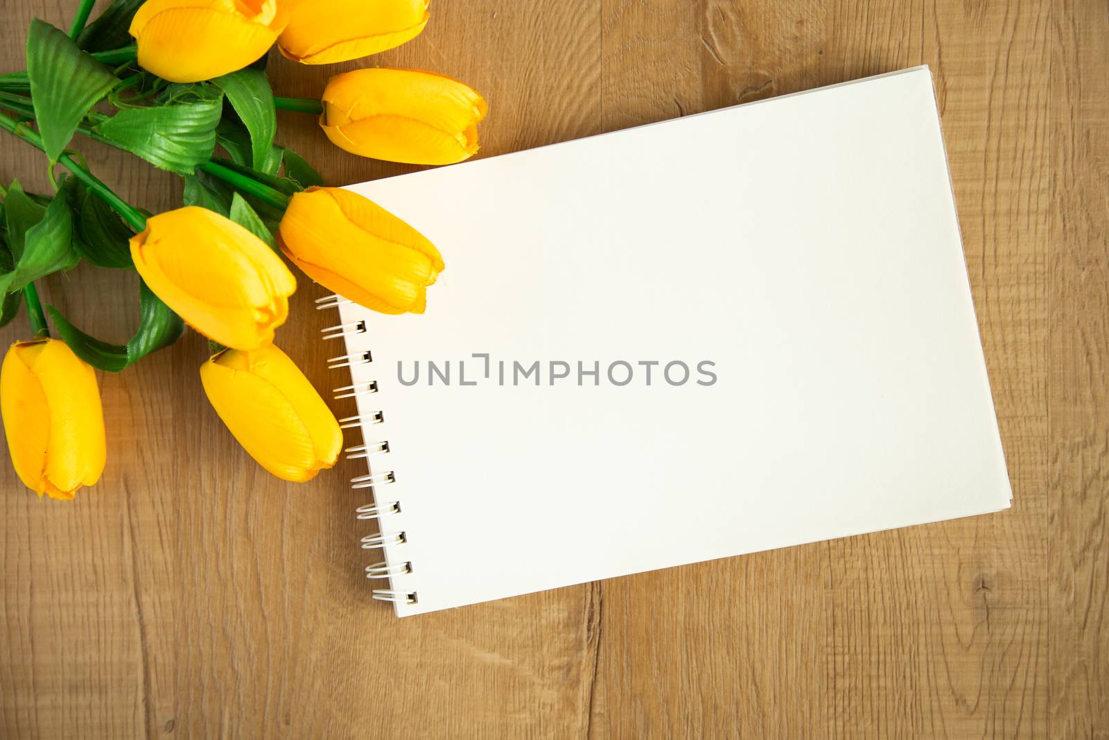 Bouquet of Tulips.Mother's day or birthday top view. Copy space for text.