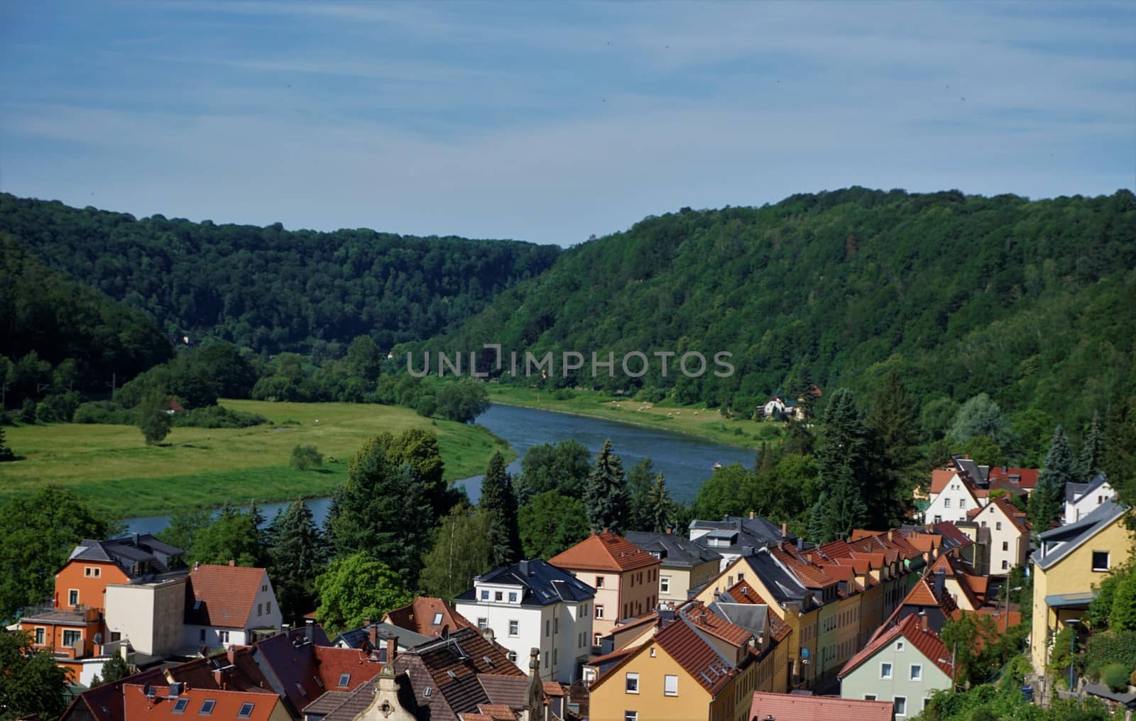 View over the Elbe river and residential homes in Stadt Wehlen by pisces2386