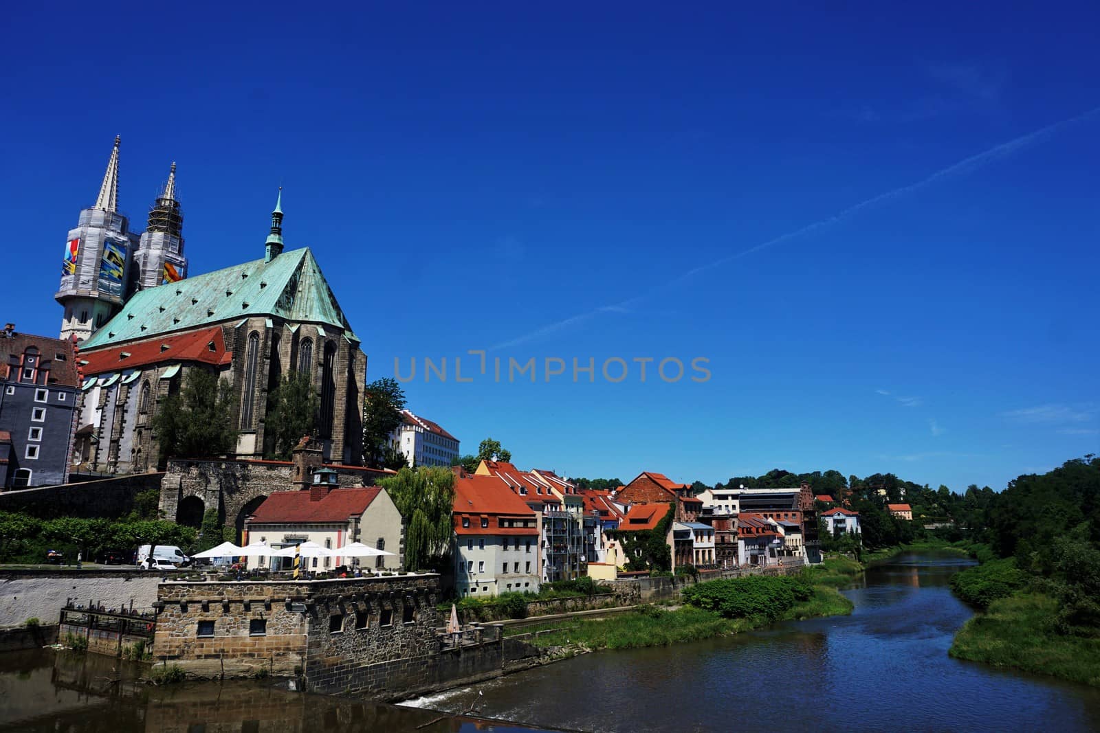 Lusatian Neisse river, St. Peter and Paul church and Vierradenmill in Goerlitz, Germany