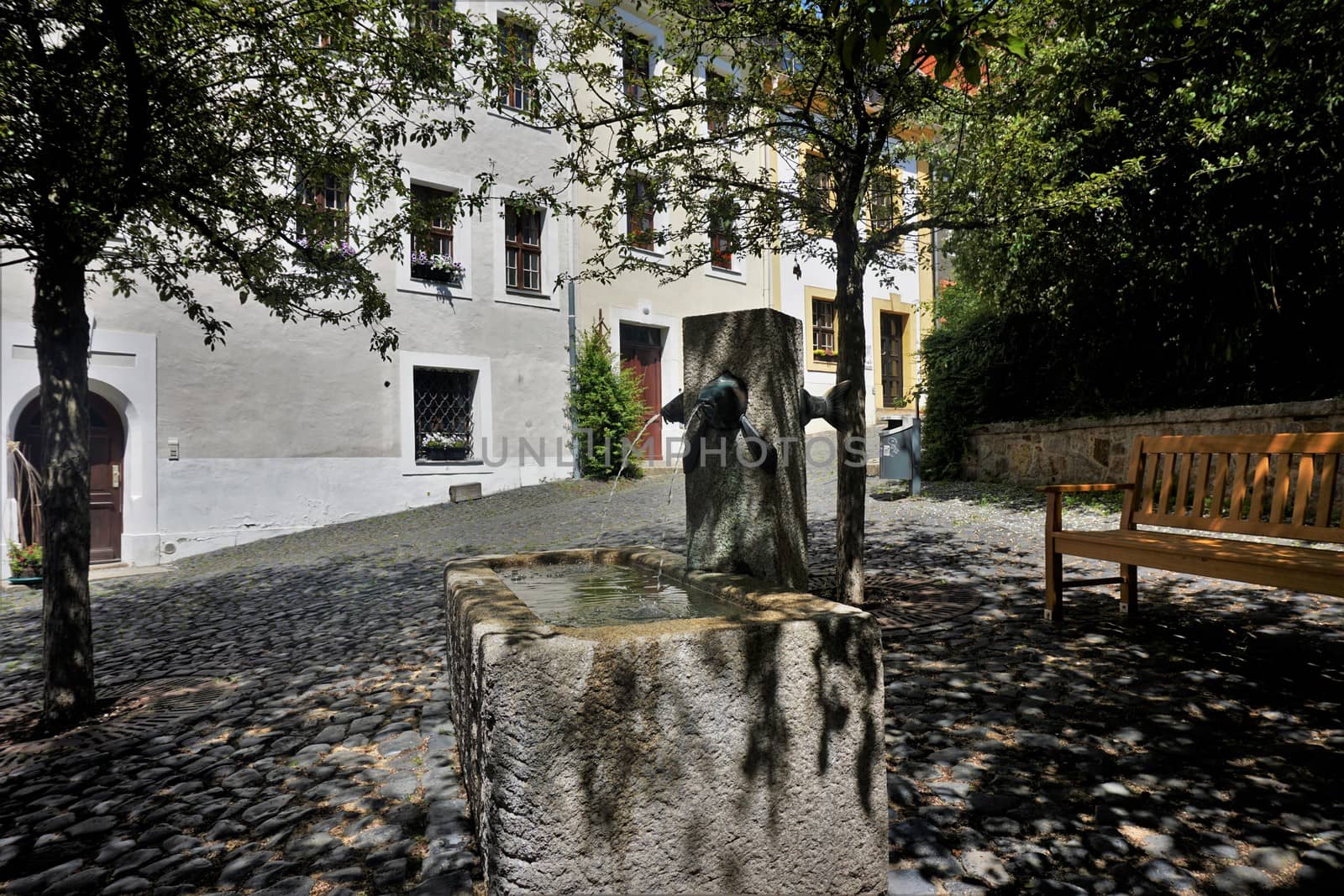 Karpfenbrunnen on a small square in the Karpfengrund street, Goerlitz