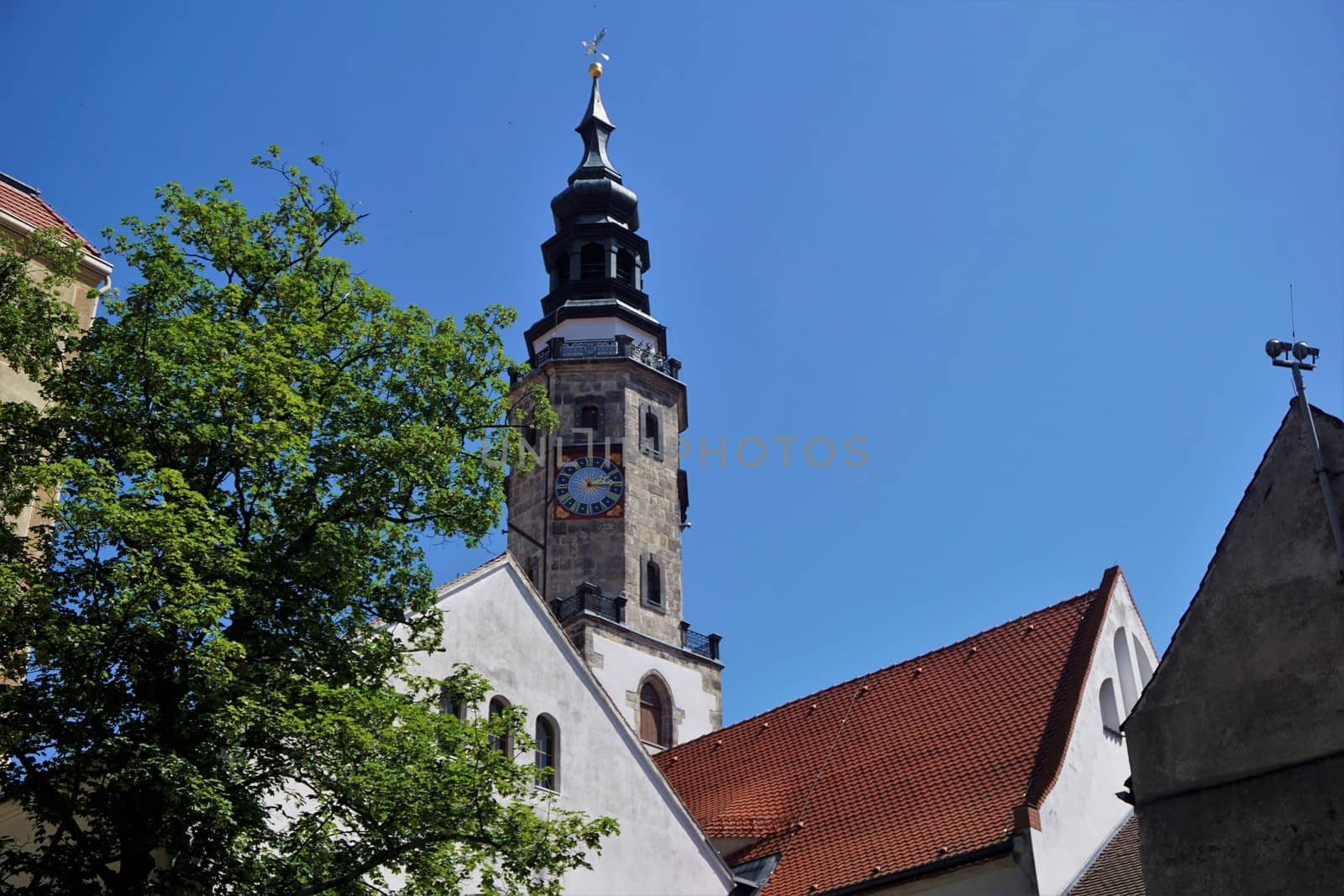 Watch tower of Goerlitz city hall behind roof tops with tree by pisces2386