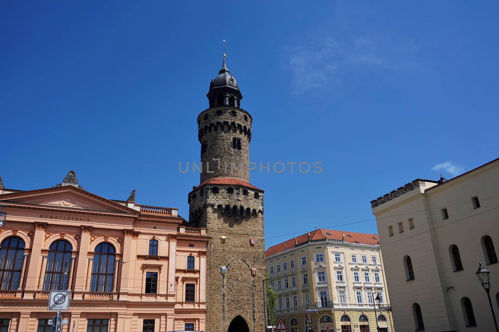 The Reichenbach tower surrounded by different buildings in Goerlitz, Germany