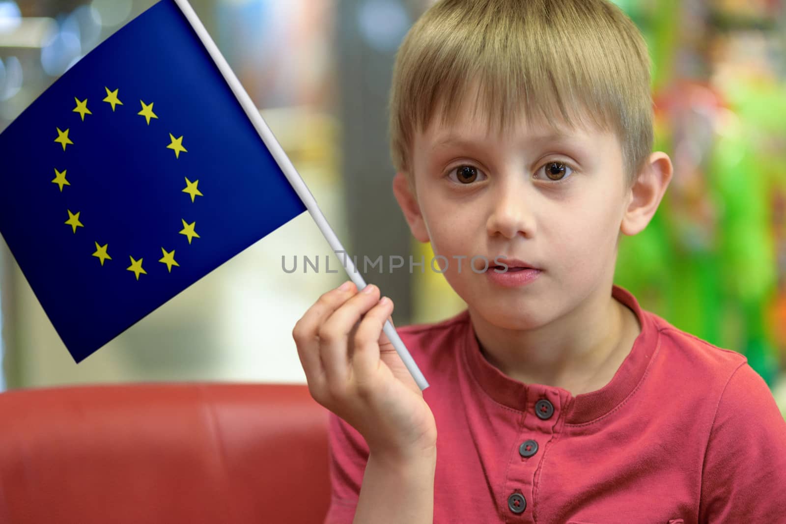 Little boy as a patriot holding in his hand a  paper flag of the European Union