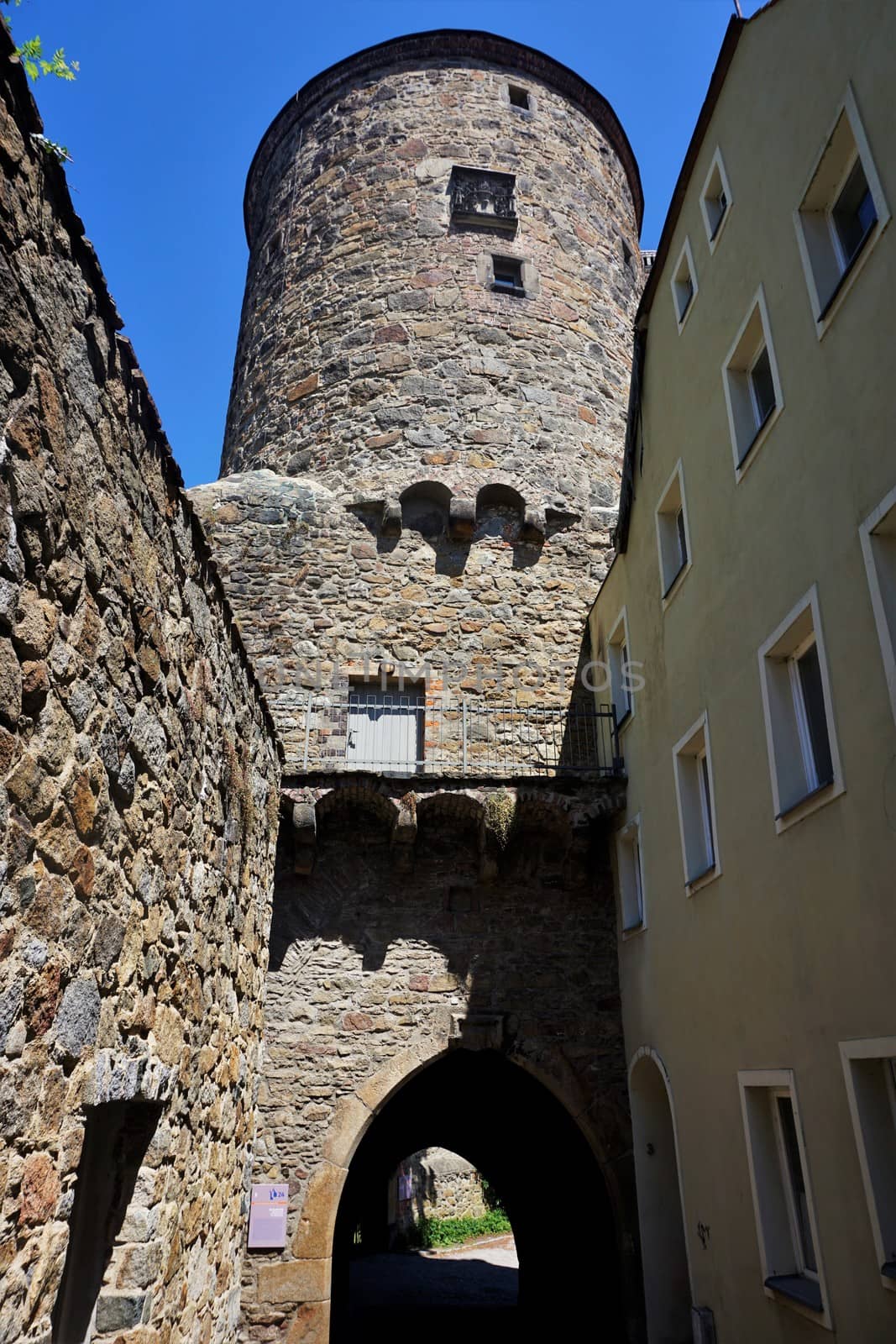 Nicolai tower from the narrow streets of Bautzen, Germany old town