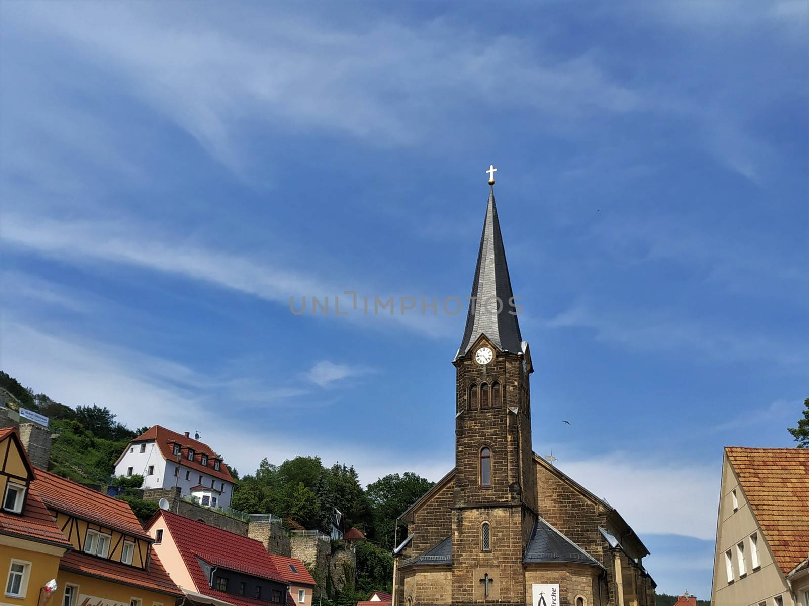 View on the citychurch and surrounding hills of Stadt Wehlen by pisces2386