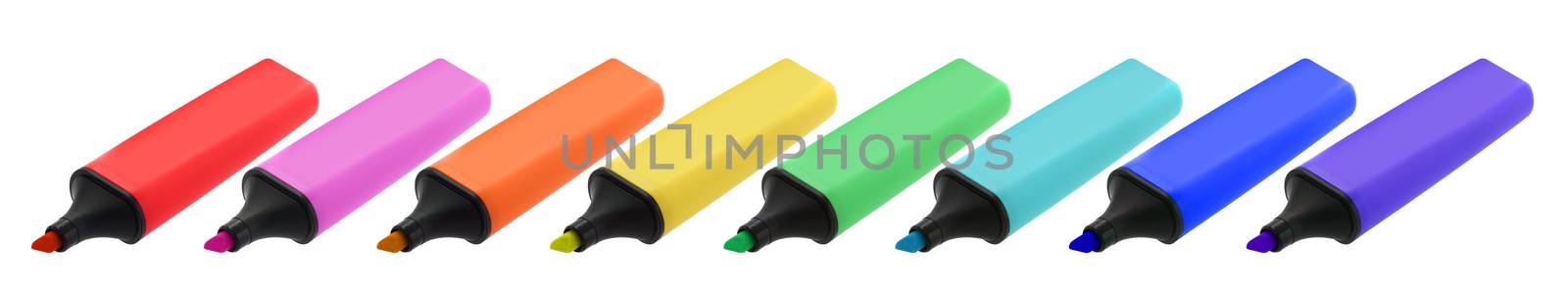 A range of eight colored highlighter pens inclined with clipping path
