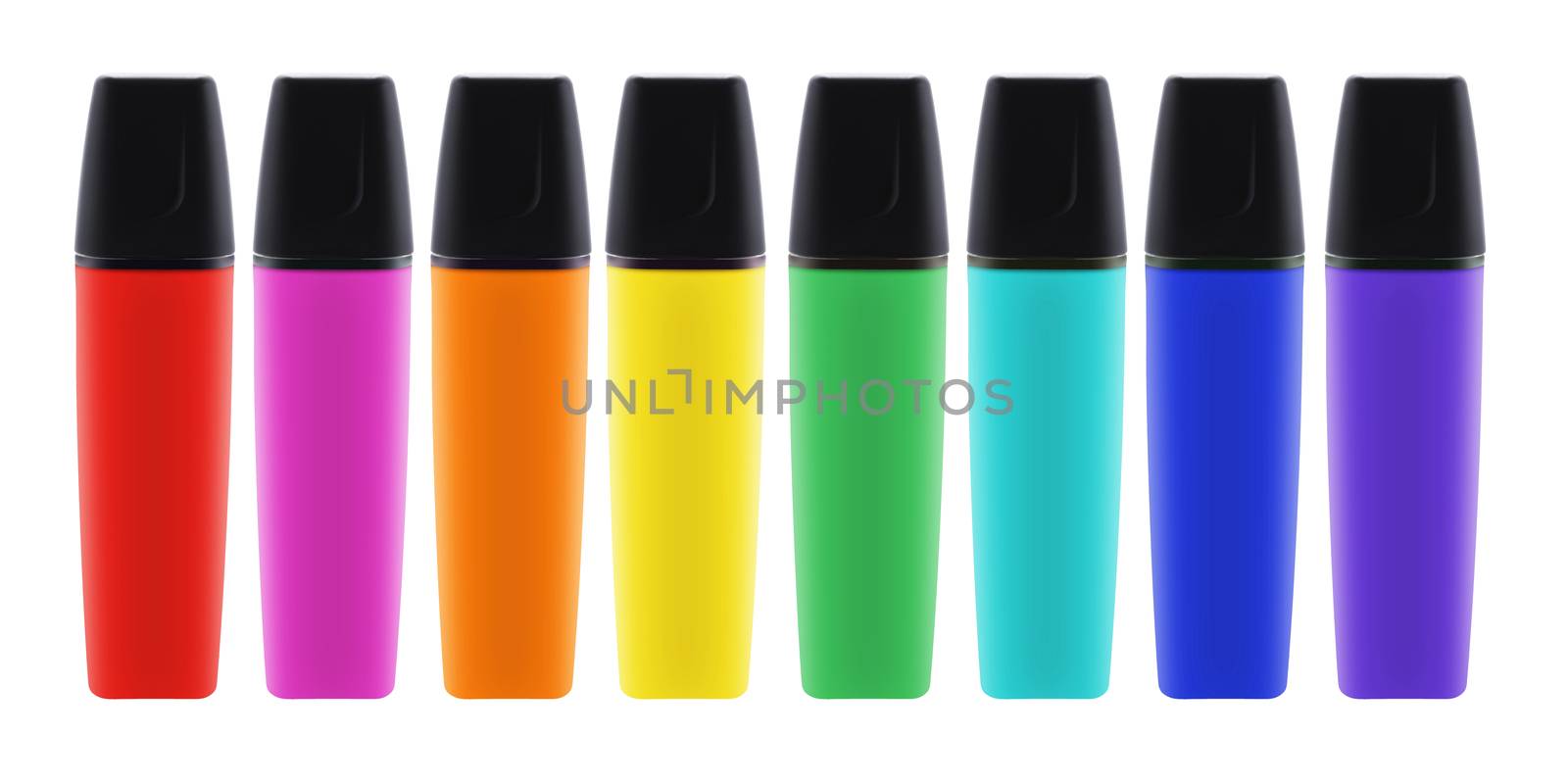 A range of eight colored highlighter pens with lids with clipping path
