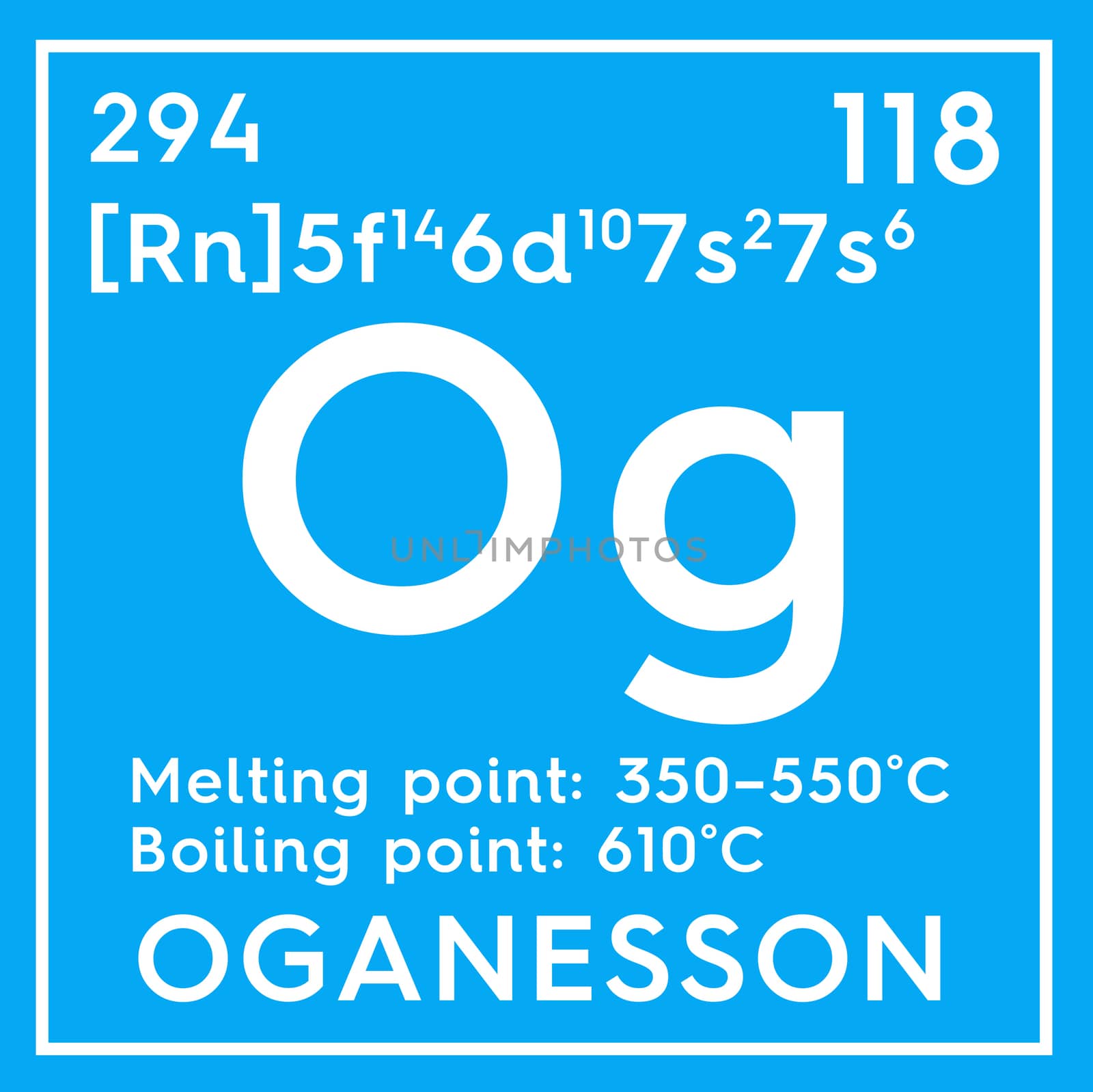 Oganesson. Noble gases. Chemical Element of Mendeleev's Periodic Table. Oganesson in square cube creative concept. 3D illustration.