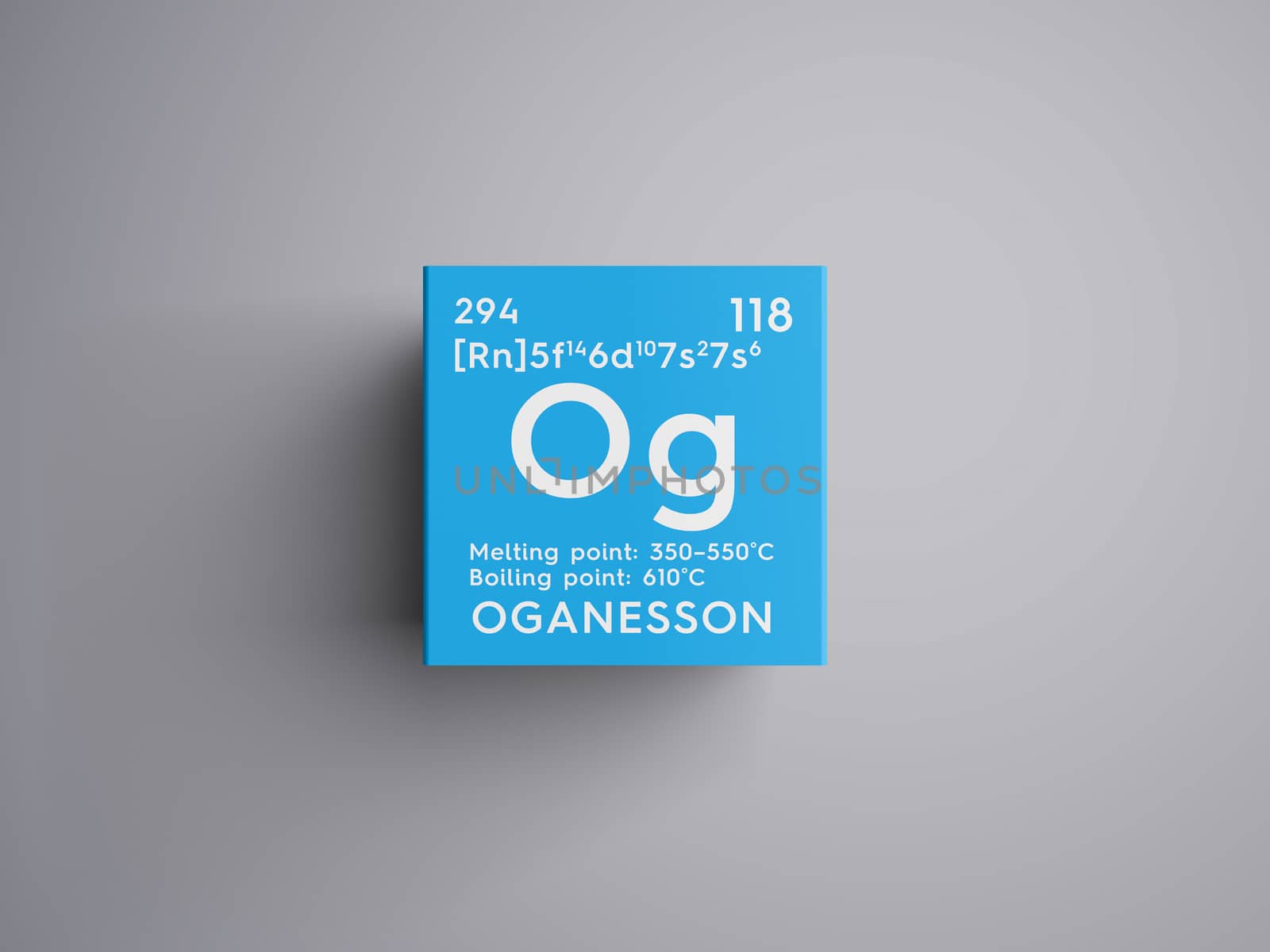 Oganesson. Noble gases. Chemical Element of Mendeleev's Periodic Table. Oganesson in square cube creative concept. 3D illustration.