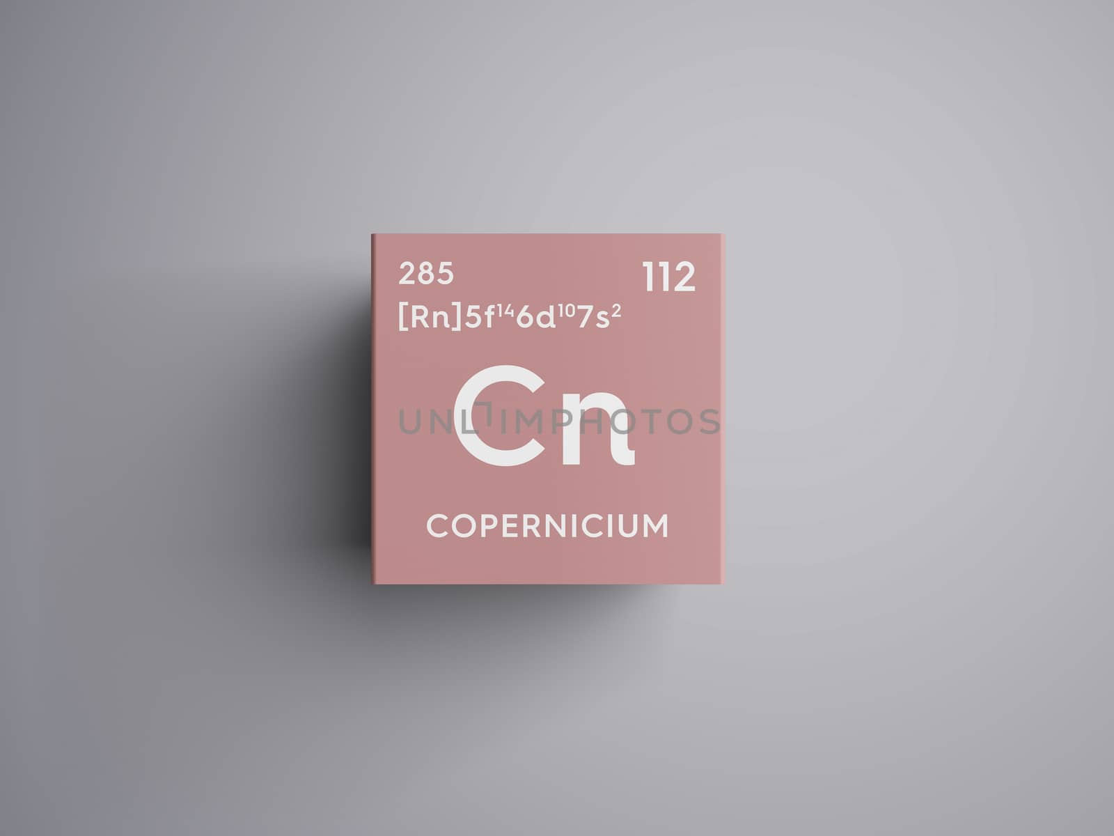 Copernicium. Transition metals. Chemical Element of Mendeleev's Periodic Table. Copernicium in square cube creative concept. 3D illustration.