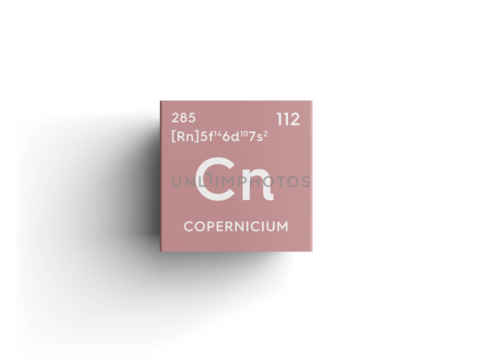 Copernicium. Transition metals. Chemical Element of Mendeleev's Periodic Table. Copernicium in square cube creative concept. 3D illustration.