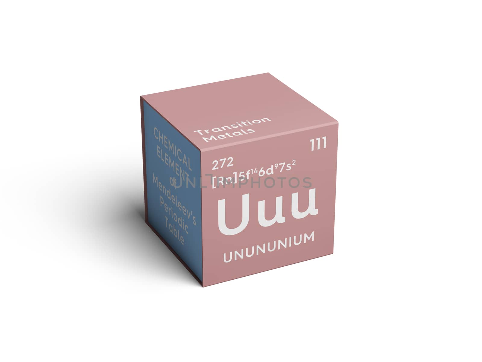 Unununium. Transition metals. Chemical Element of Mendeleev's Periodic Table. Unununium in square cube creative concept. 3D illustration.