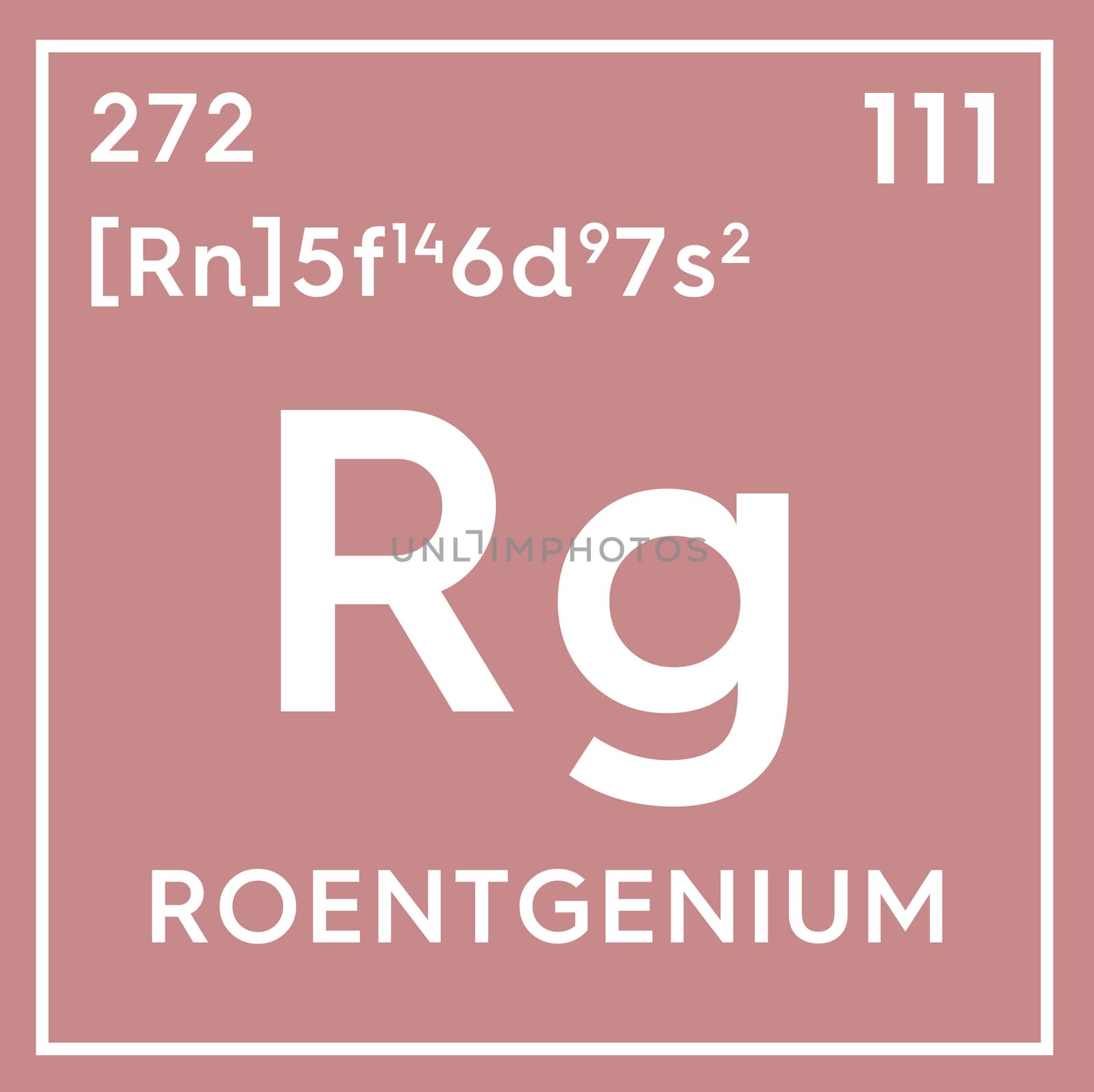Roentgenium. Transition metals. Chemical Element of Mendeleev's Periodic Table. Roentgenium in square cube creative concept. 3D illustration.