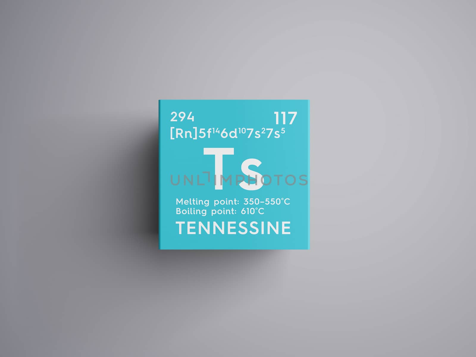 Tennessine. Halogens. Chemical Element of Mendeleev's Periodic Table. Tennessine in square cube creative concept. 3D illustration.