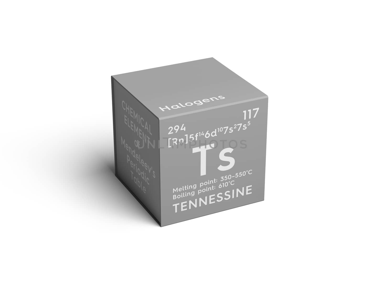 Tennessine. Halogens. Chemical Element of Mendeleev's Periodic Table. Tennessine in square cube creative concept. 3D illustration.
