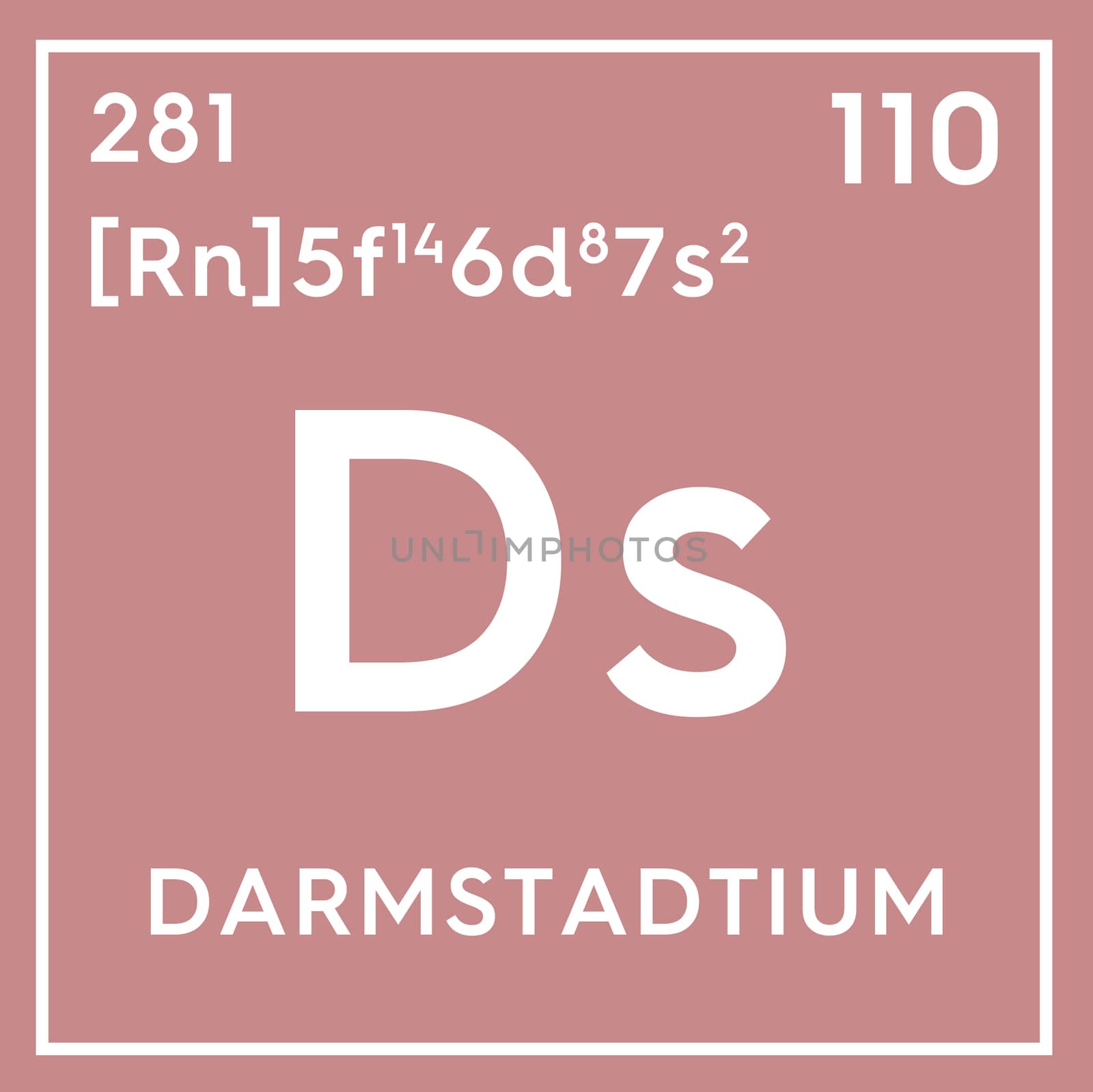 Darmstadtium. Transition metals. Chemical Element of Mendeleev's Periodic Table. Darmstadtium in square cube creative concept. 3D illustration.
