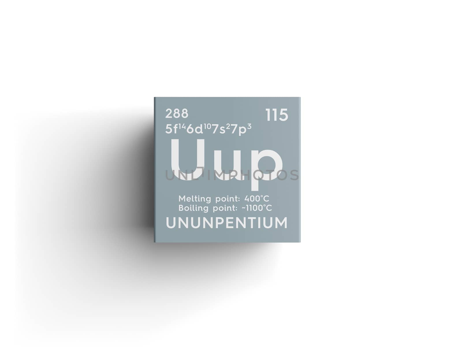 Ununpentium. Post-transition metals. Chemical Element of Mendeleev's Periodic Table. Ununpentium in square cube creative concept. 3D illustration.