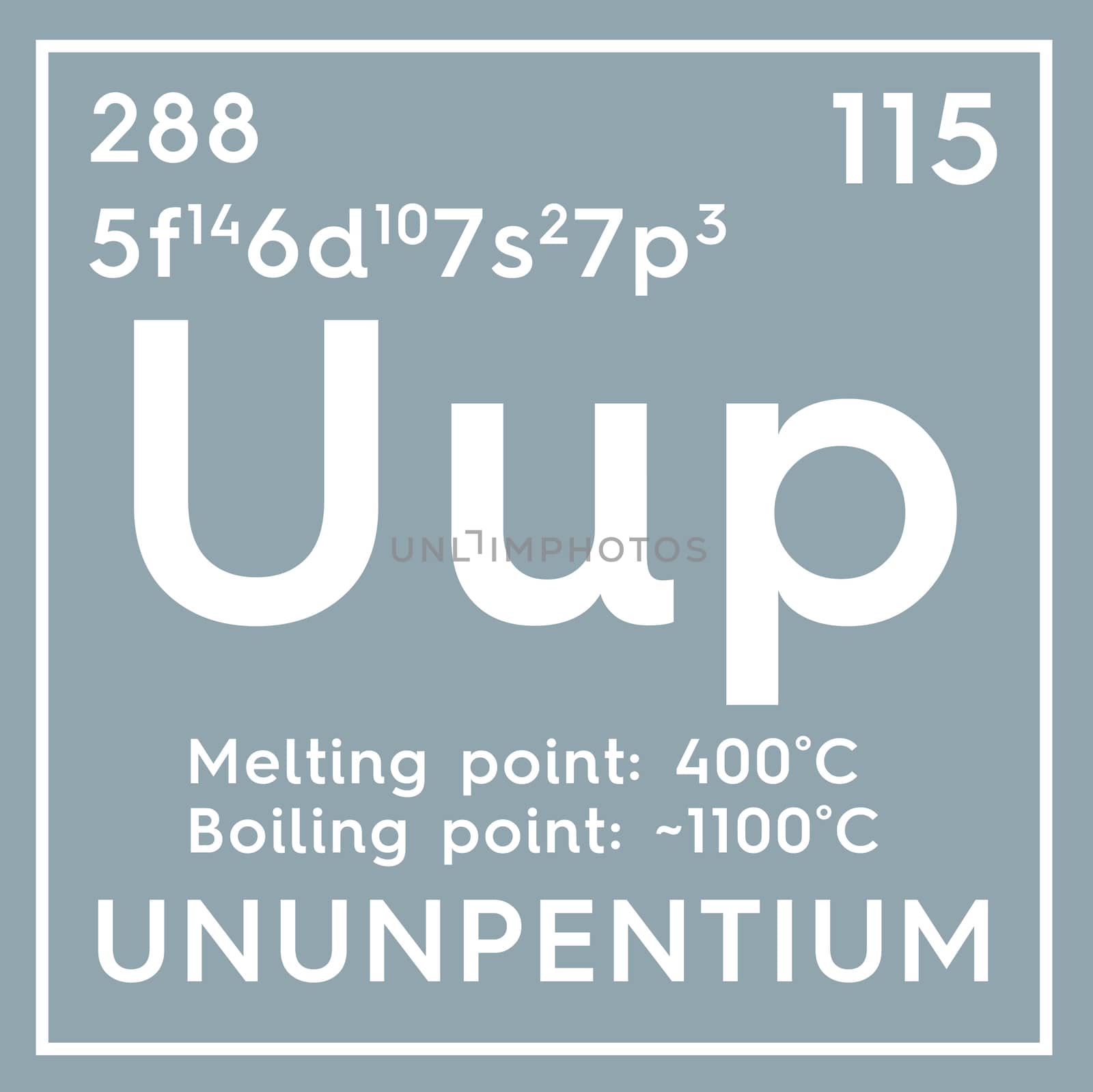 Ununpentium. Post-transition metals. Chemical Element of Mendeleev's Periodic Table. Ununpentium in square cube creative concept. 3D illustration.