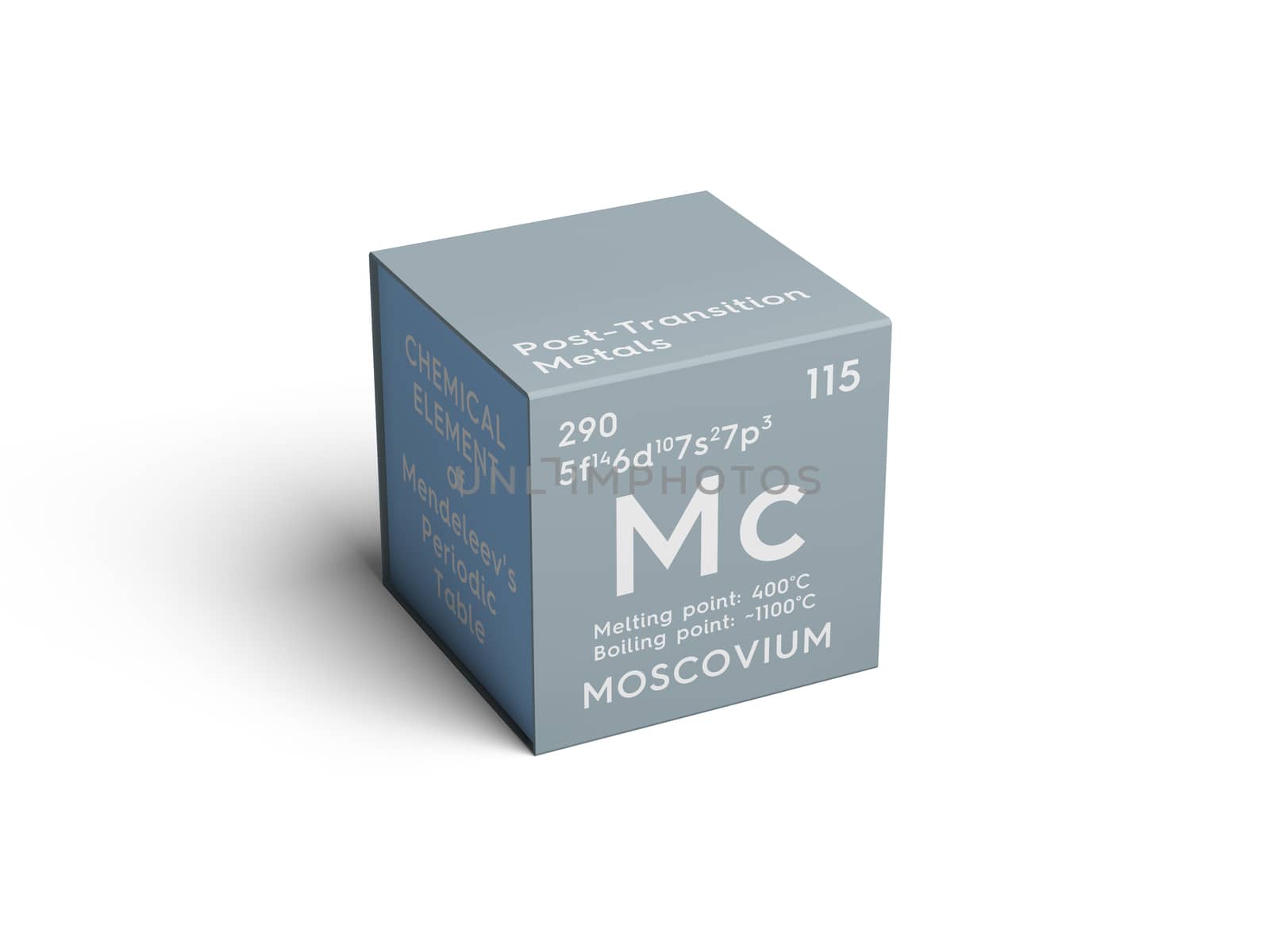 Moscovium. Post-transition metals. Chemical Element of Mendeleev's Periodic Table. Moscovium in square cube creative concept. 3D illustration.