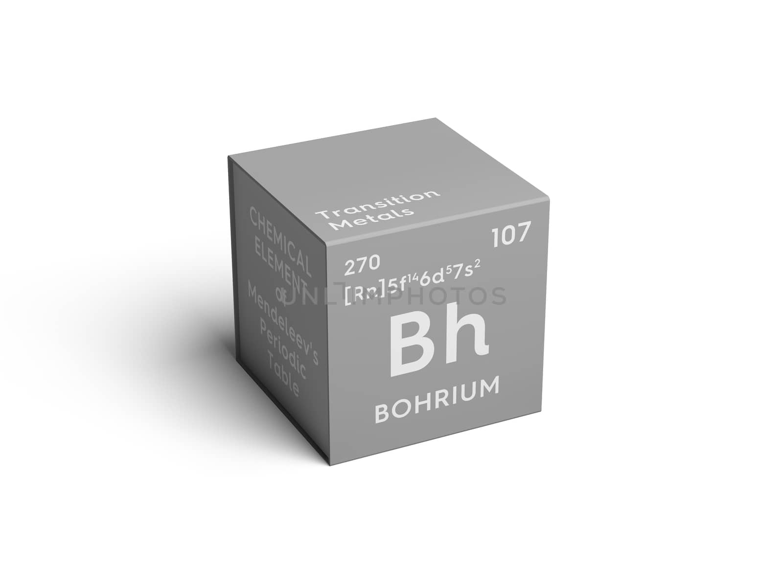 Bohrium. Transition metals. Chemical Element of Mendeleev's Periodic Table. Bohrium in square cube creative concept. 3D illustration.